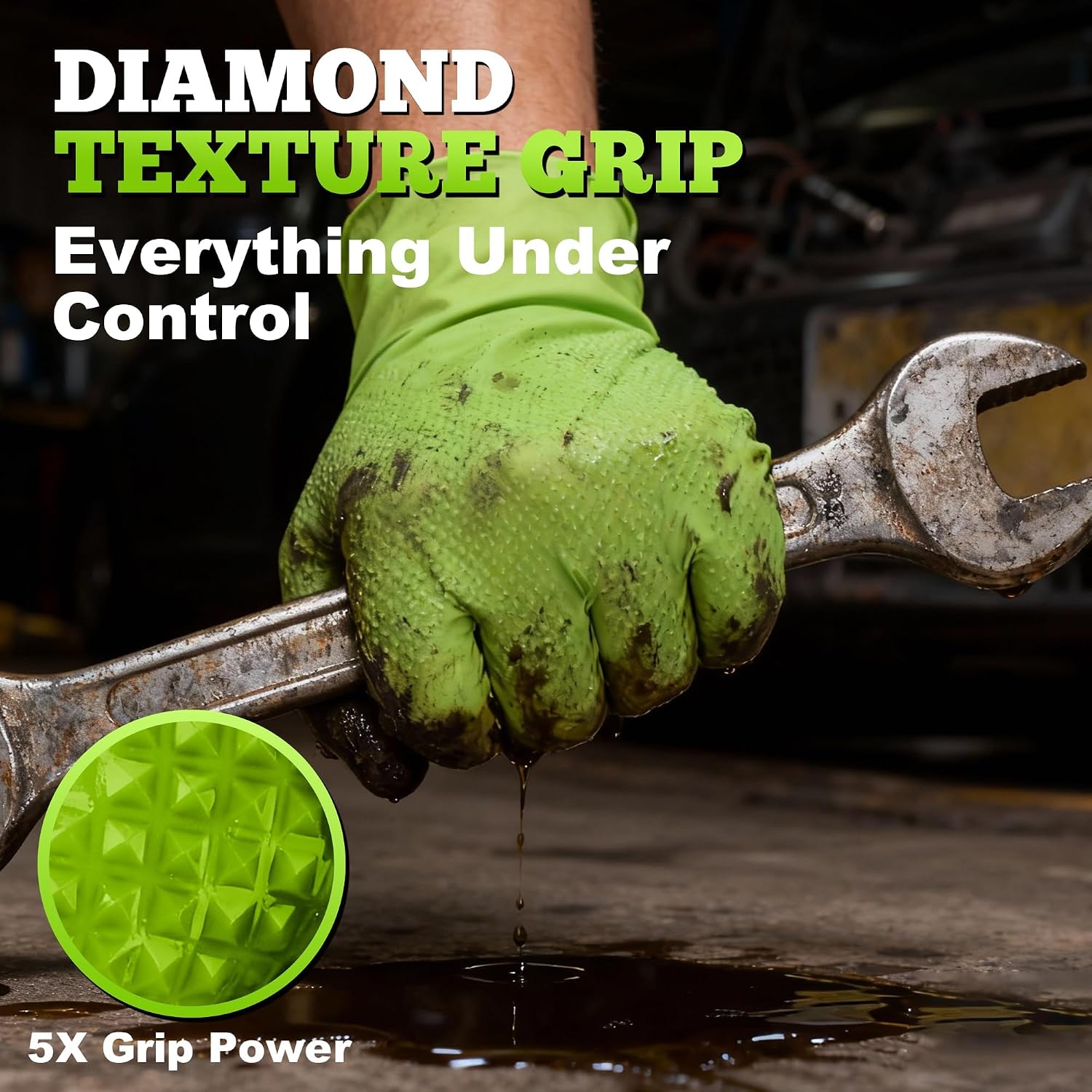 TitanFlex Heavy Duty Industrial Nitrile Gloves with Raised Diamond Texture, 8-mil, Latex Free (Green/Dark Green/Yellow)