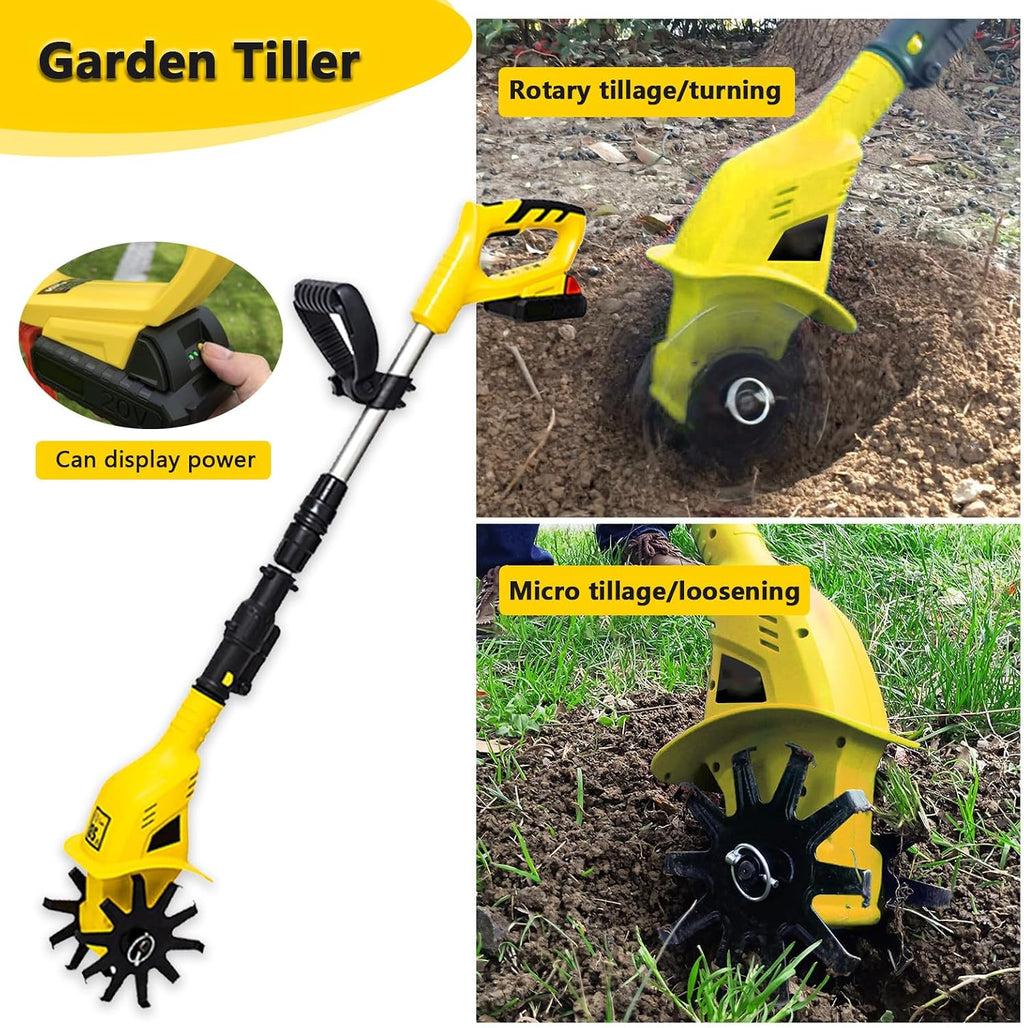Electric Garden Tiller, Rototiller Tool with Aluminum Alloy Telescopic Rod, Ergonomic Handle, Electric Garden Rototiller for Garden Lawn Soil Digging, Included Battery