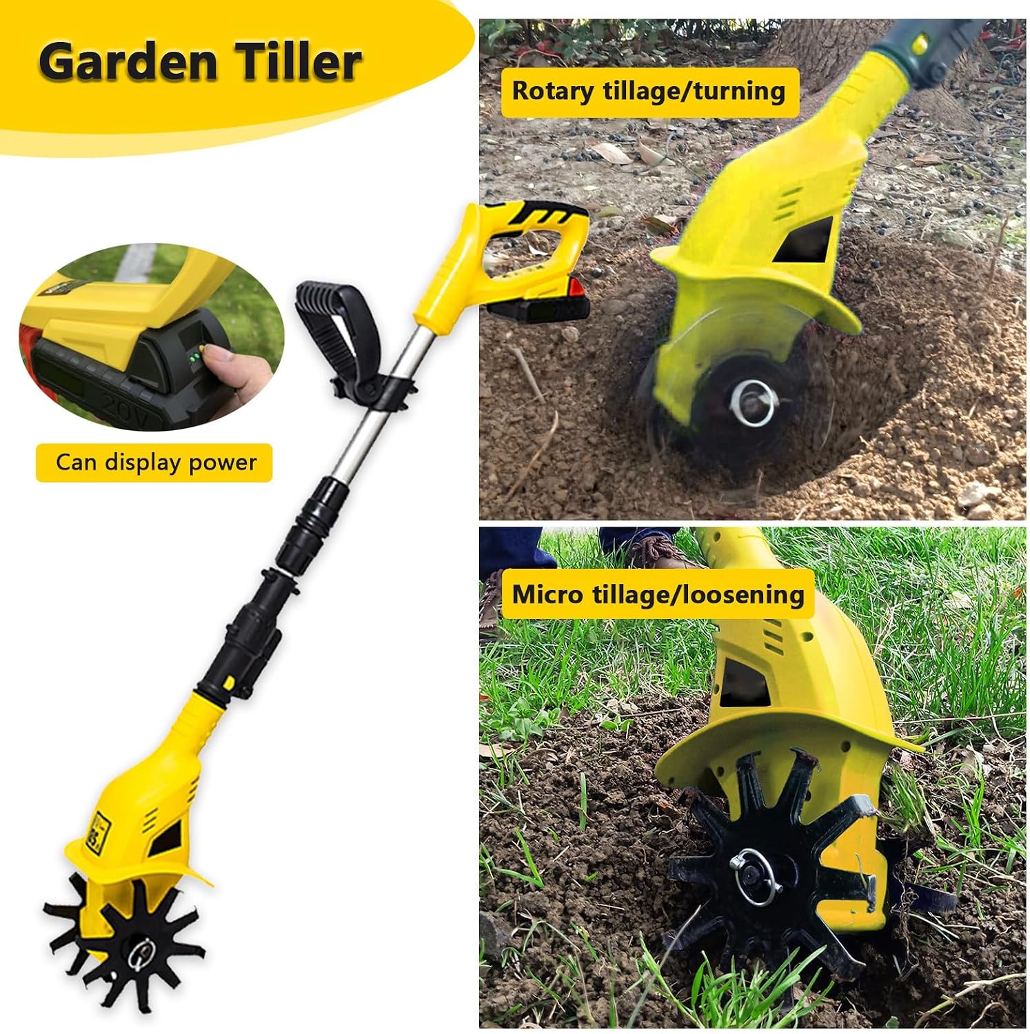 Electric Garden Tiller, Rototiller Tool with Aluminum Alloy Telescopic Rod, Ergonomic Handle, Electric Garden Rototiller for Garden Lawn Soil Digging, Included Battery