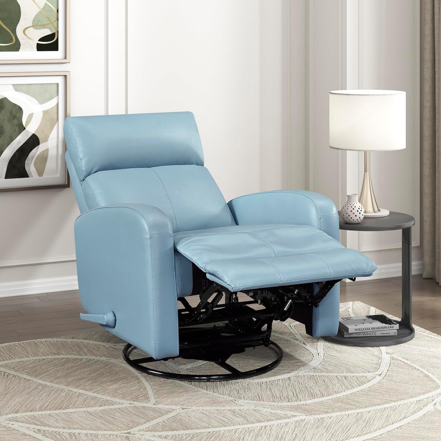 Lexicon Swivel Glider Reclining Chair, Top Grain Leather Match Manual Pull Handle Recliner, Comfy Nursery Glider Recliner, Swivel Reclining Chair for Living Room/Office/Bedroom/Apartment, Blue