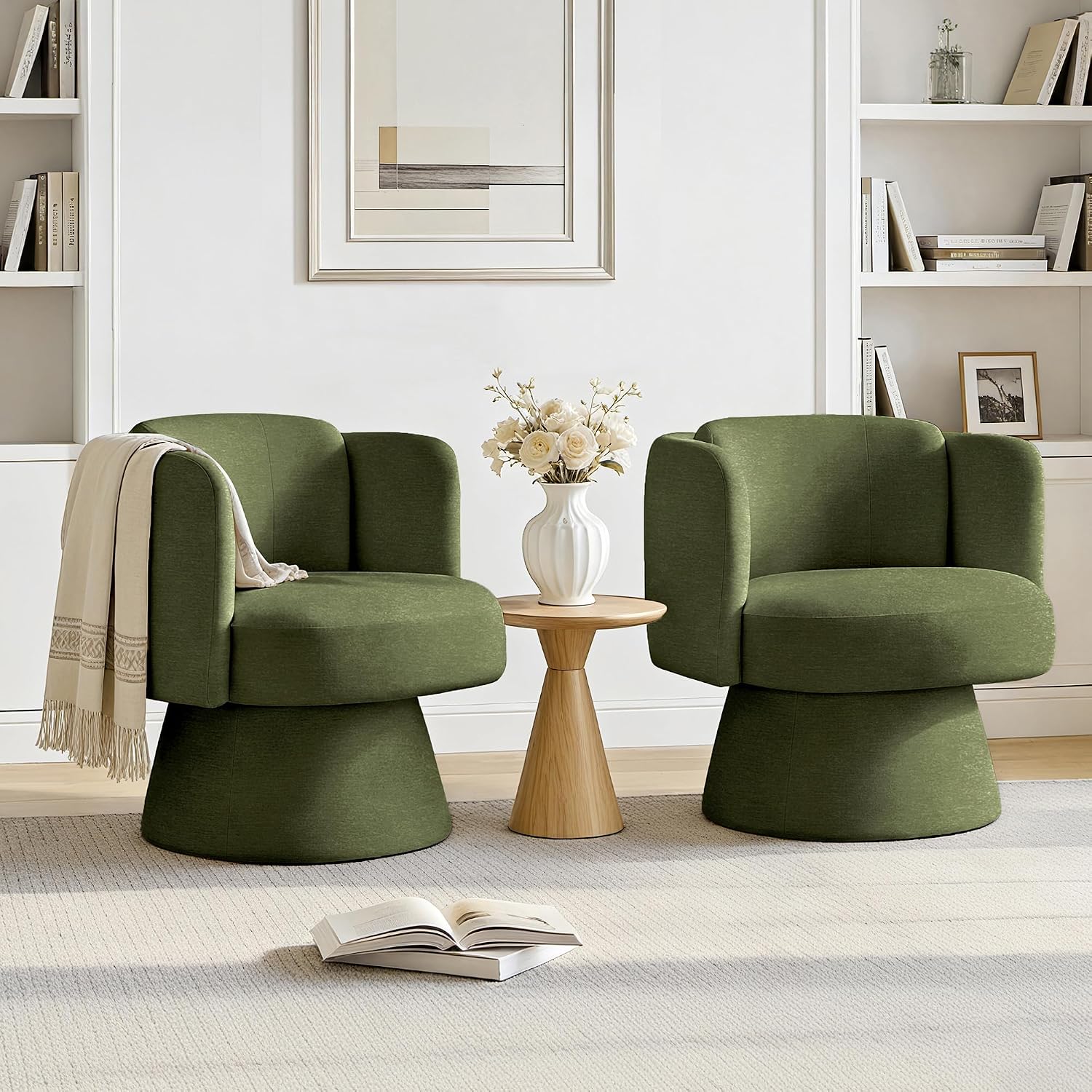 Swivel Barrel Chair Set of 2,360° Accent Chairs with Round Backrest,Upholstered Lounge Chair for Vanity,Living Room,Bedroom,Reading Nook,Green