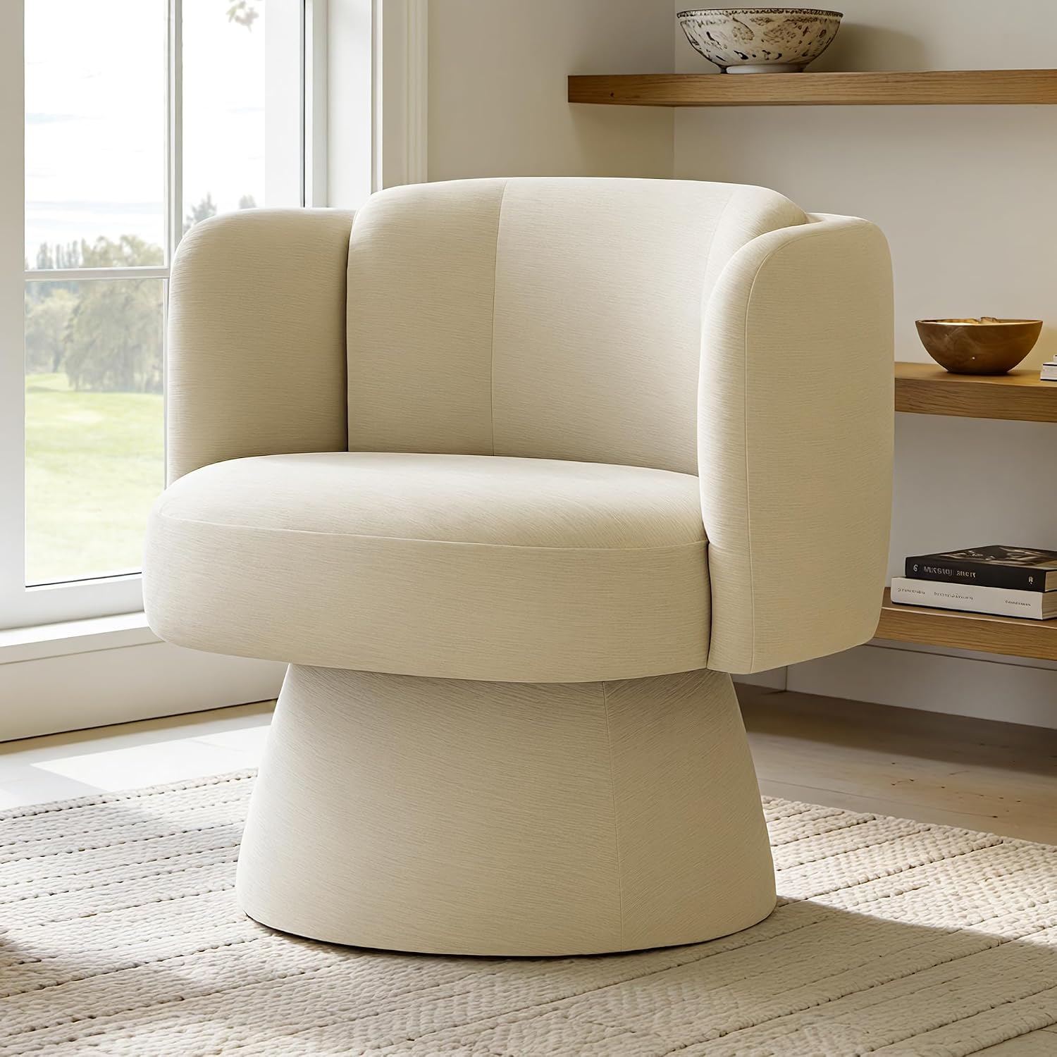 Swivel Barrel Chair,360° Accent Chairs with Round Backrest,Upholstered Lounge Chair for Vanity,Living Room,Bedroom,Reading Nook,Sand