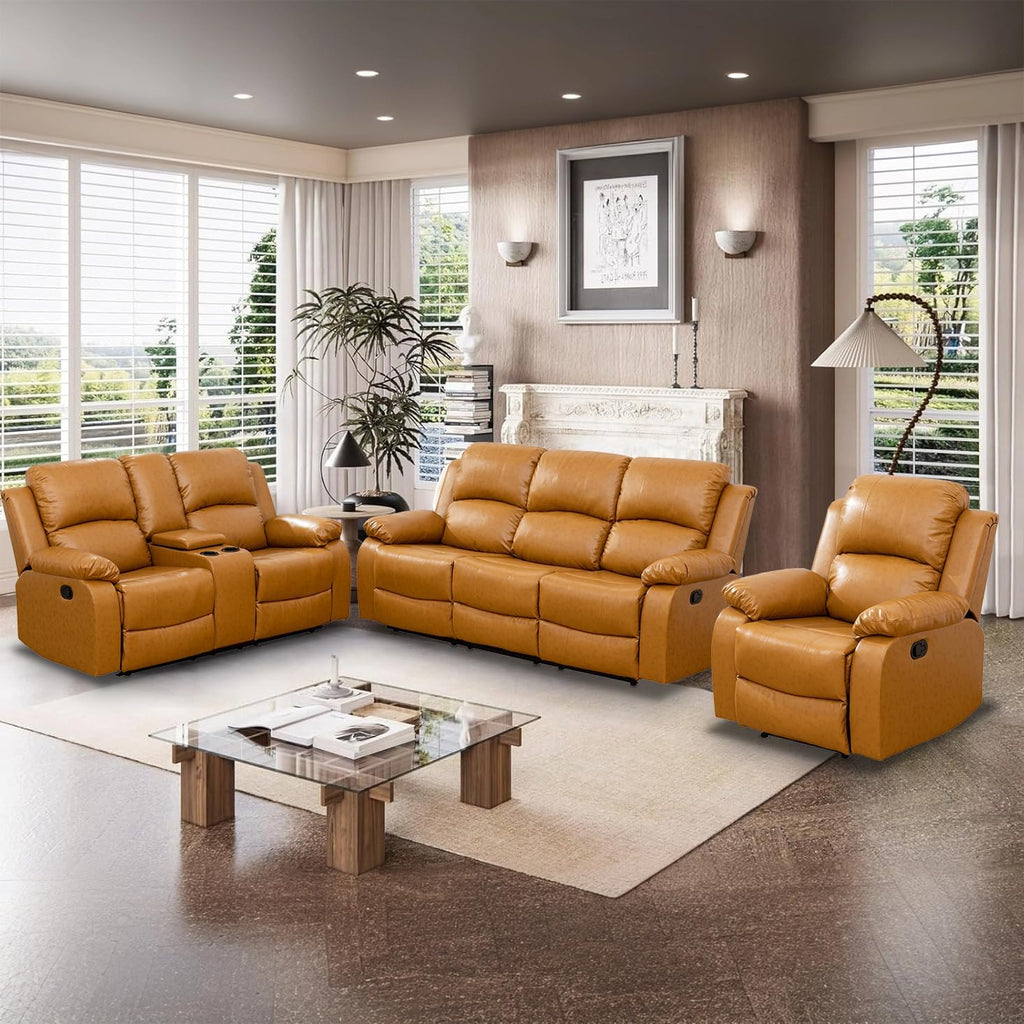Manual Reclining Couch Sofa Set with Drop-Down Table, 3 Pieces Ginger Leather Recliner Couch Sets, Living Room Furniture Sets, Recliner Sofa with Storage Console/Cup Holder for Home/Apartment