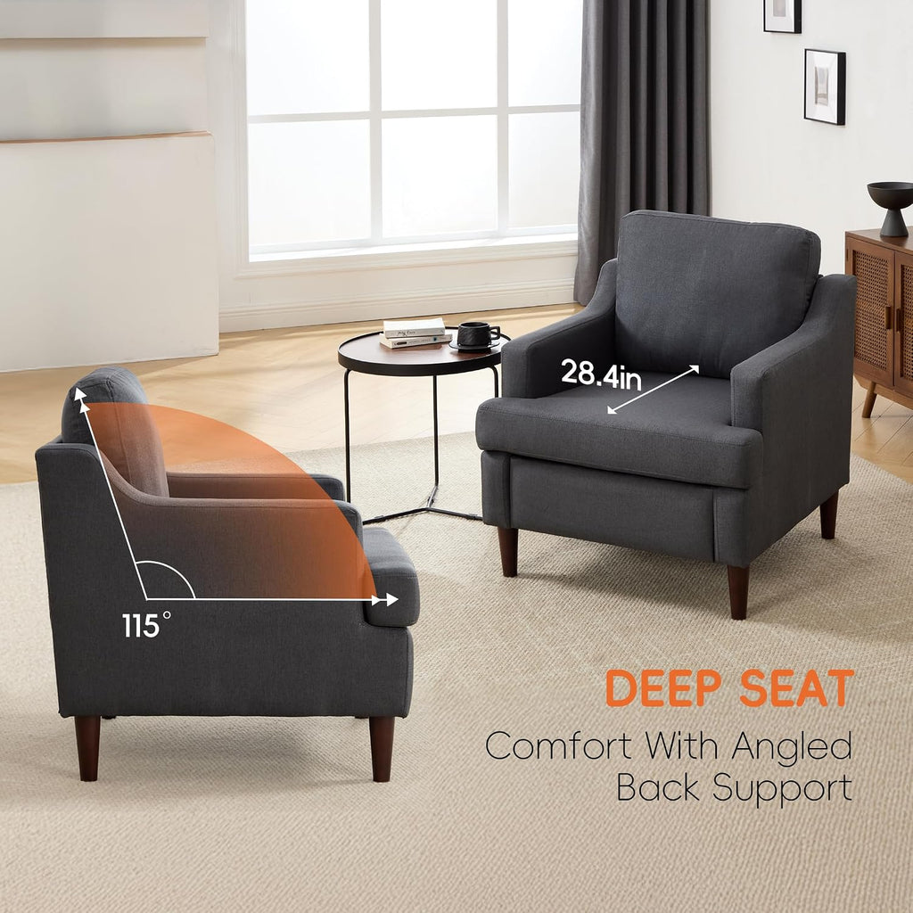 Ketaiyou Mid-Century Accent Chair Modern Linen Fabric Armchair for Living Room,Comfy Upholstered Reading Chairs for Bedroom,Single Sofa Chair with Wood Legs (Darkgrey, Set of 1)
