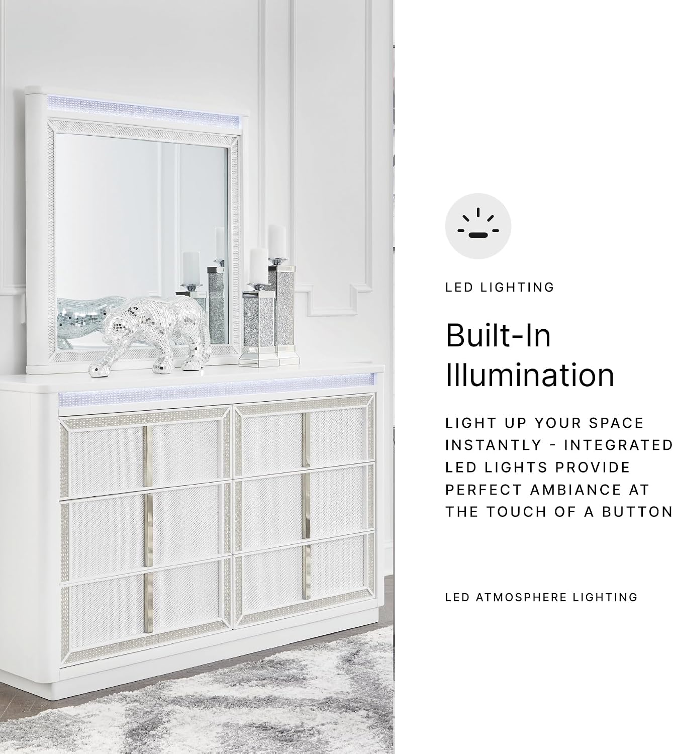 Signature Design by Ashley Chalanna Contemporary Dresser with 6 Drawers, Built-in LED Lighting, Rhinestone Details, Wood, White, 64' W x 20' D x 38.75' H