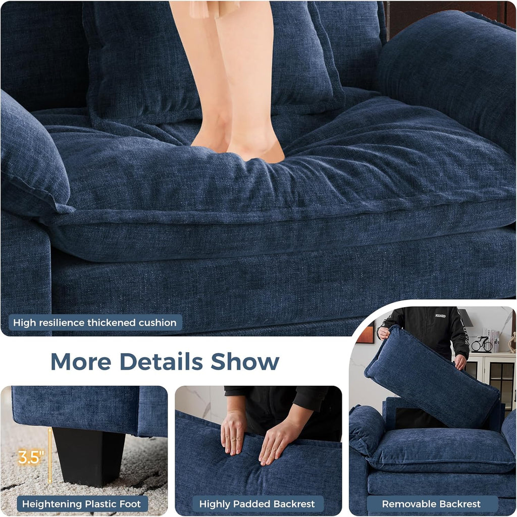 HUSFU 49.5'' W Oversized Accent Chair, Chenille Cloud Sofa Chair with Deep Seat and Extra Wide Armrests, Comfy Reading Armchair for Bedroom, Living Room, Blue