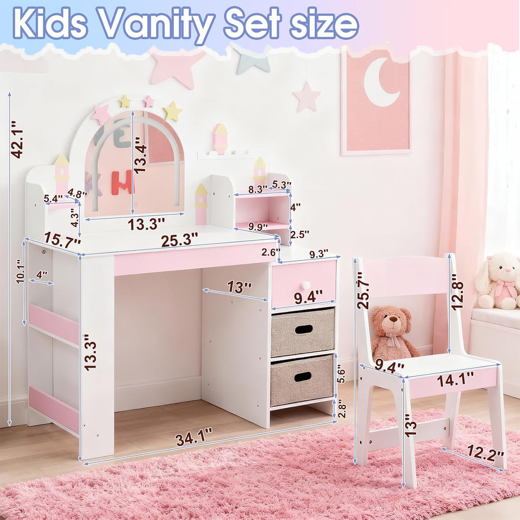 Karl home Kids Vanity Set with Lighted Mirror and Stool, Princess Makeup Vanity Desk with Bookshelf & Drawers, Toddler Dressing Table and Chair Set with Storage Shelves for Little Girls, White