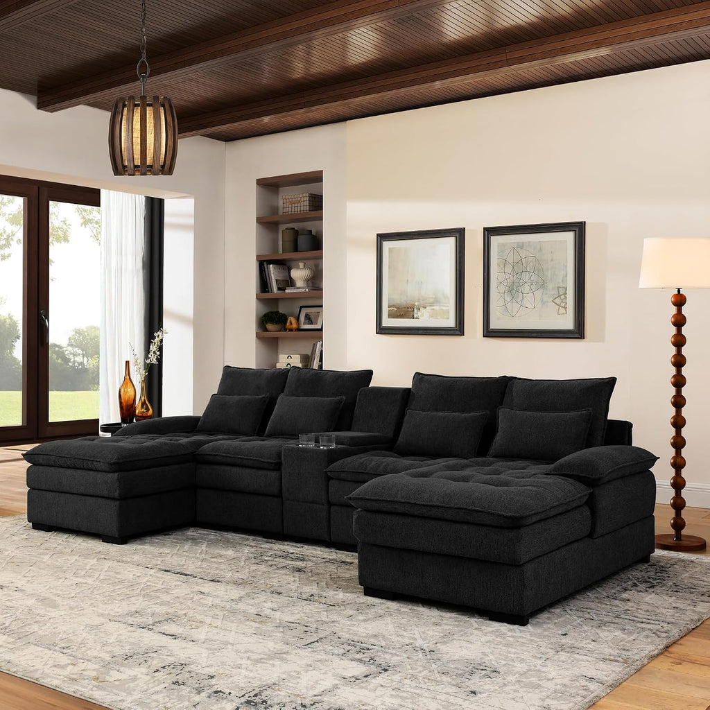 KEIKI U-Shaped 6 seat Sofa with Storage Console, Cup Holders, 130' Upholstered Sectional Sofa, Button Tufted Cloud Cushion Couch for Home, Office, Black