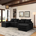 KEIKI 6 seat U-Shaped Sofa with Storage Console, Cup Holders, 130' Upholstered Sectional Sofa, Button Tufted Cloud Cushion Couch for Home, Office, Black