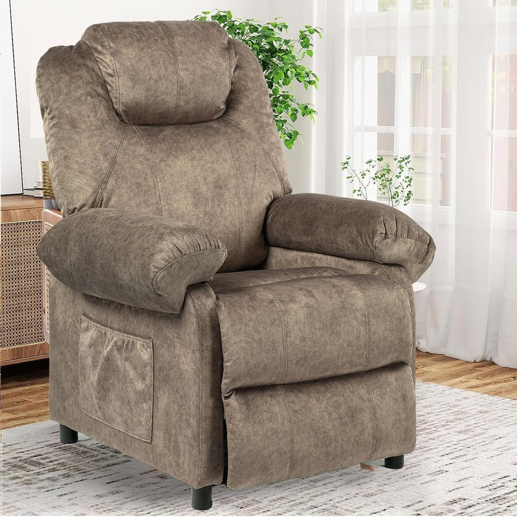 Massage Recliner Chair with Heat,Overstuffed Fabric Recliner Chairs with Heating,Small Recliner for Living Room Bedroom, Manual Reclining Single Sofa Recliners Lounge Chair for Adult,Brown
