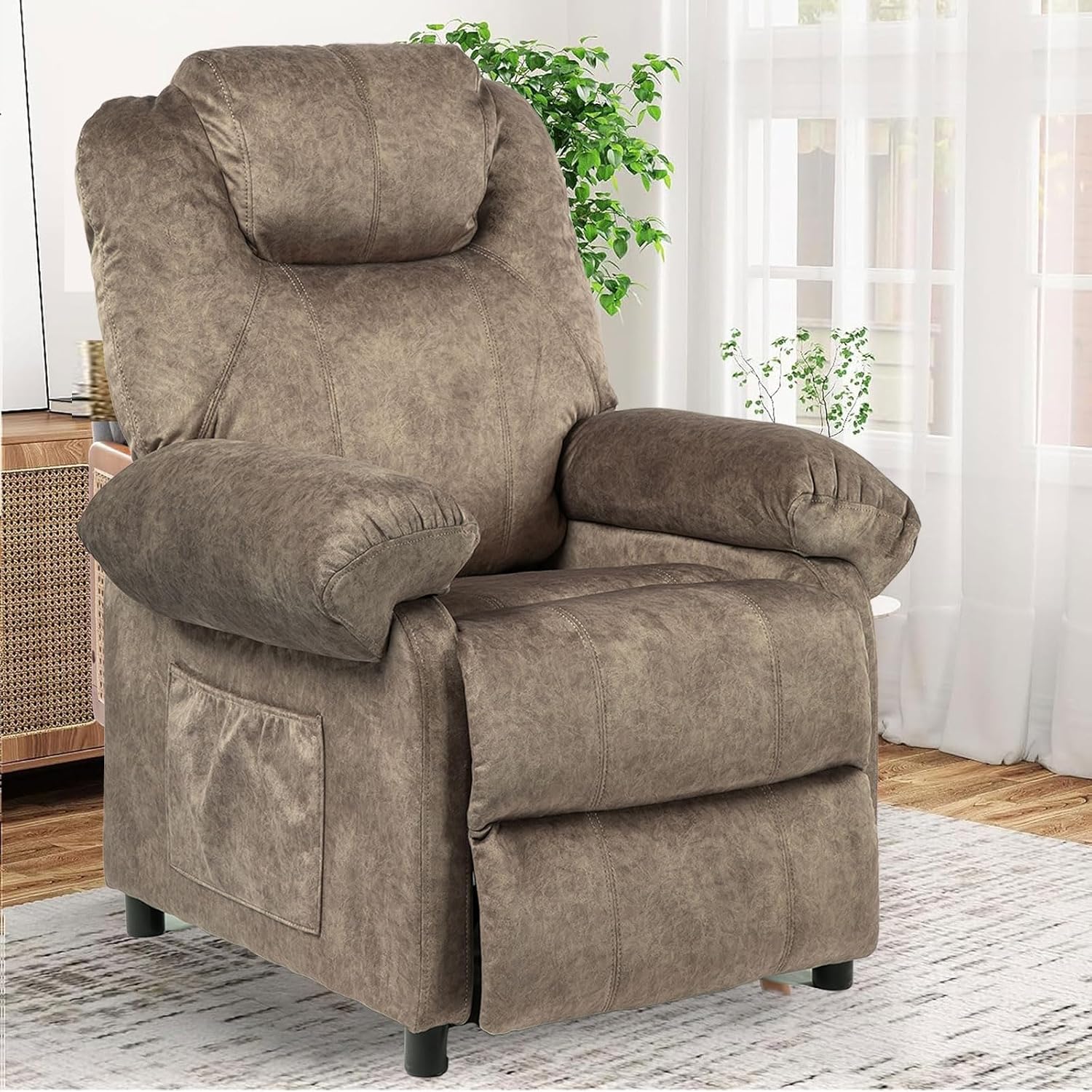 Massage Recliner Chair with Heat,Overstuffed Fabric Recliner Chairs with Heating,Small Recliner for Living Room Bedroom, Manual Reclining Single Sofa Recliners Lounge Chair for Adult,Brown