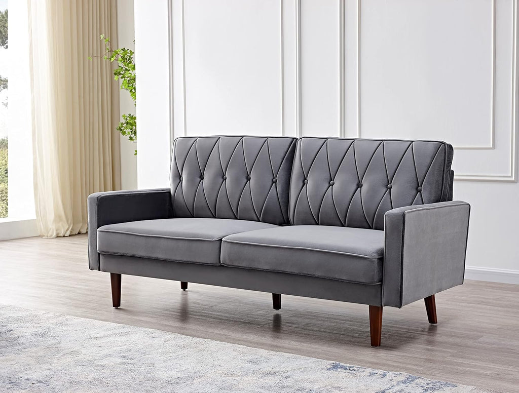 Container Furniture Modern Style Tufted Velvet Couches for Living Room with Soft Fabric Upholstery and Solid Wood Frame, 2 Piece Sofa and Loveseat Set, Grey