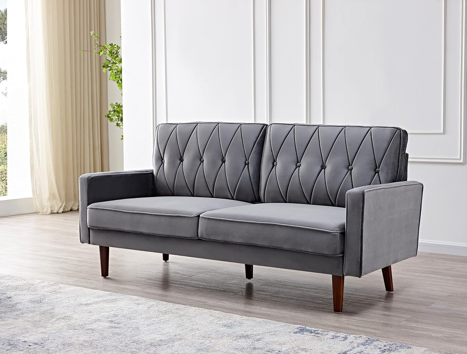 Container Furniture Modern Style Tufted Velvet Couches for Living Room with Soft Fabric Upholstery and Solid Wood Frame, 2 Piece Sofa and Loveseat Set, Grey