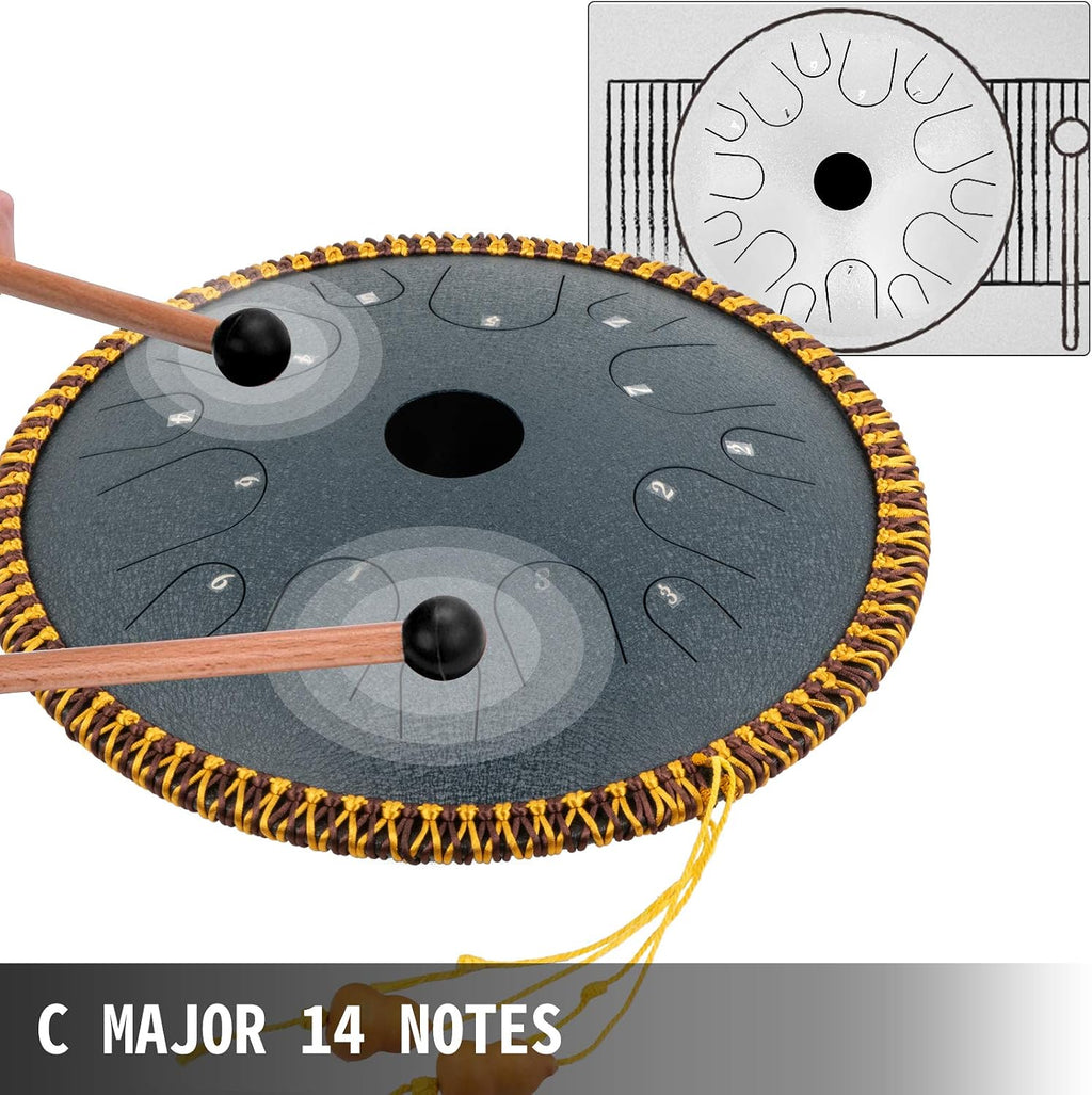 Happybuy Navy Blue Tongue Drum 14 Notes Dish Shape Drum 14 Inches Dia. Manual Percussion Pure Copper Steel Tongues 14 Notes Steel Tongue Handpan Drum with Rope Decoration and Mallets,Bag, Music Book