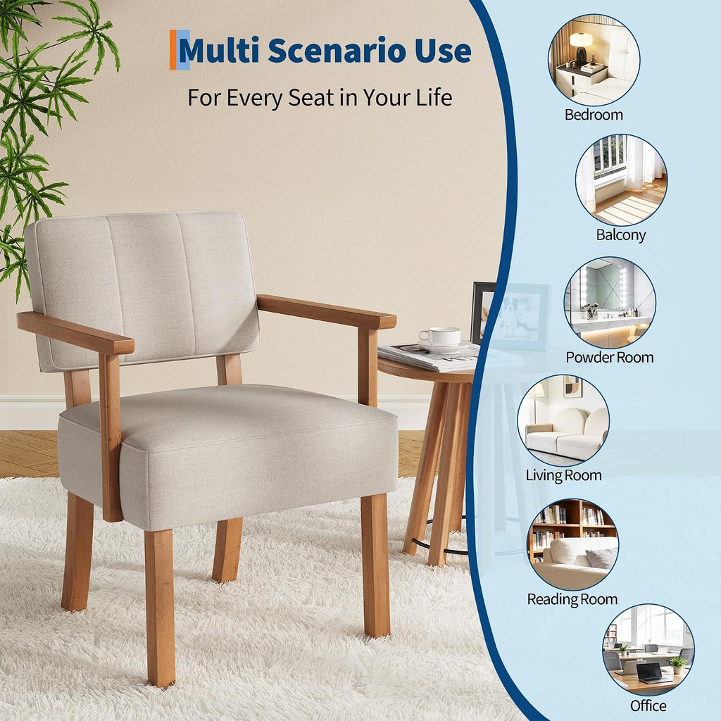 Garvee Mid-Century Accent Chair Set of 2 with Wood Frame, Linen Fabric Upholstered Lounge Arm Chair with Classic Vertical Stripe Reading Leisure Chair for Living Room, Bedroom, Balcony, Beige
