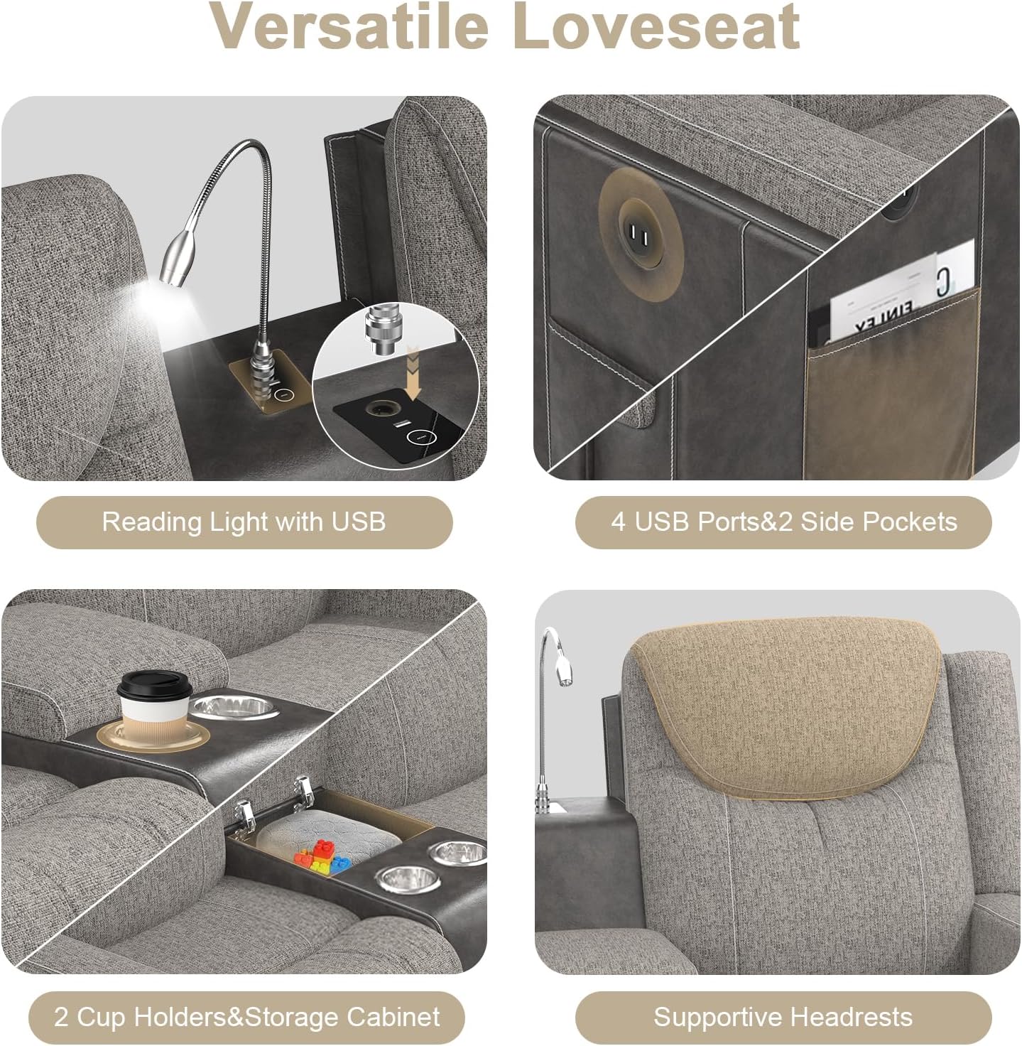 Dresegmt Living Room Furniture Set, Loveseat Recliner Sofa with Storage Console and 2 Oversize Recliner Chairs, Elegant Timeless Manual Reclining Couches for Living Room/RV (Grey, 2+1+1)