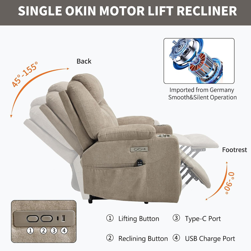 KEIKI Large Dual Motor Power Lift Recliner Chair for Adults, Polyester Rocking Chair with Back Massager and Heated, USB and Type-C Ports, Cup Holders, Comfy Reading Sofa Chair for Living Room, Khaki