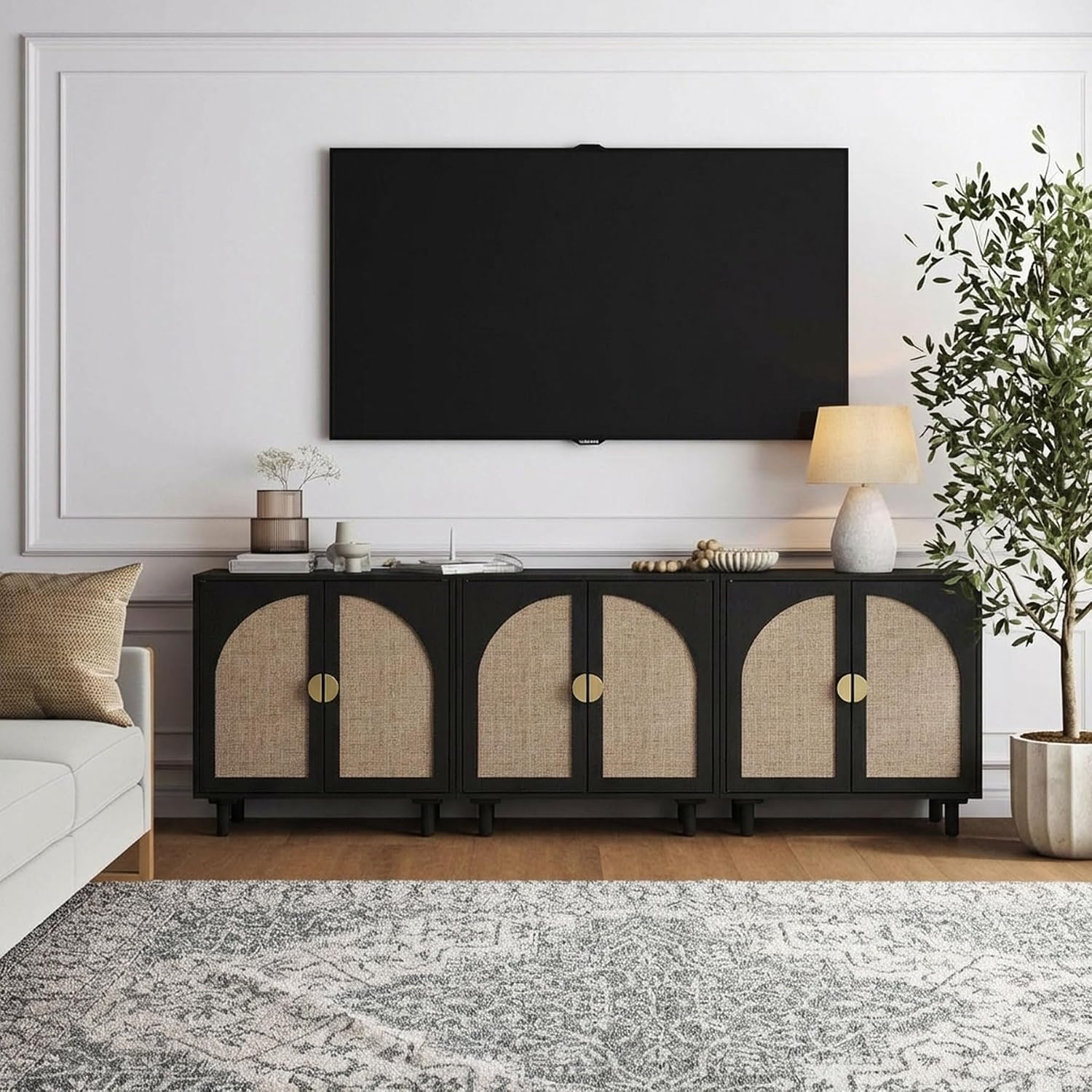 Modern Rattan Storage Cabinet, Black Wood Sideboard with Magnetic Latch, Adjustable Shelf, 29.84' W x 15.75' D x 31.57' H (2 Piece)