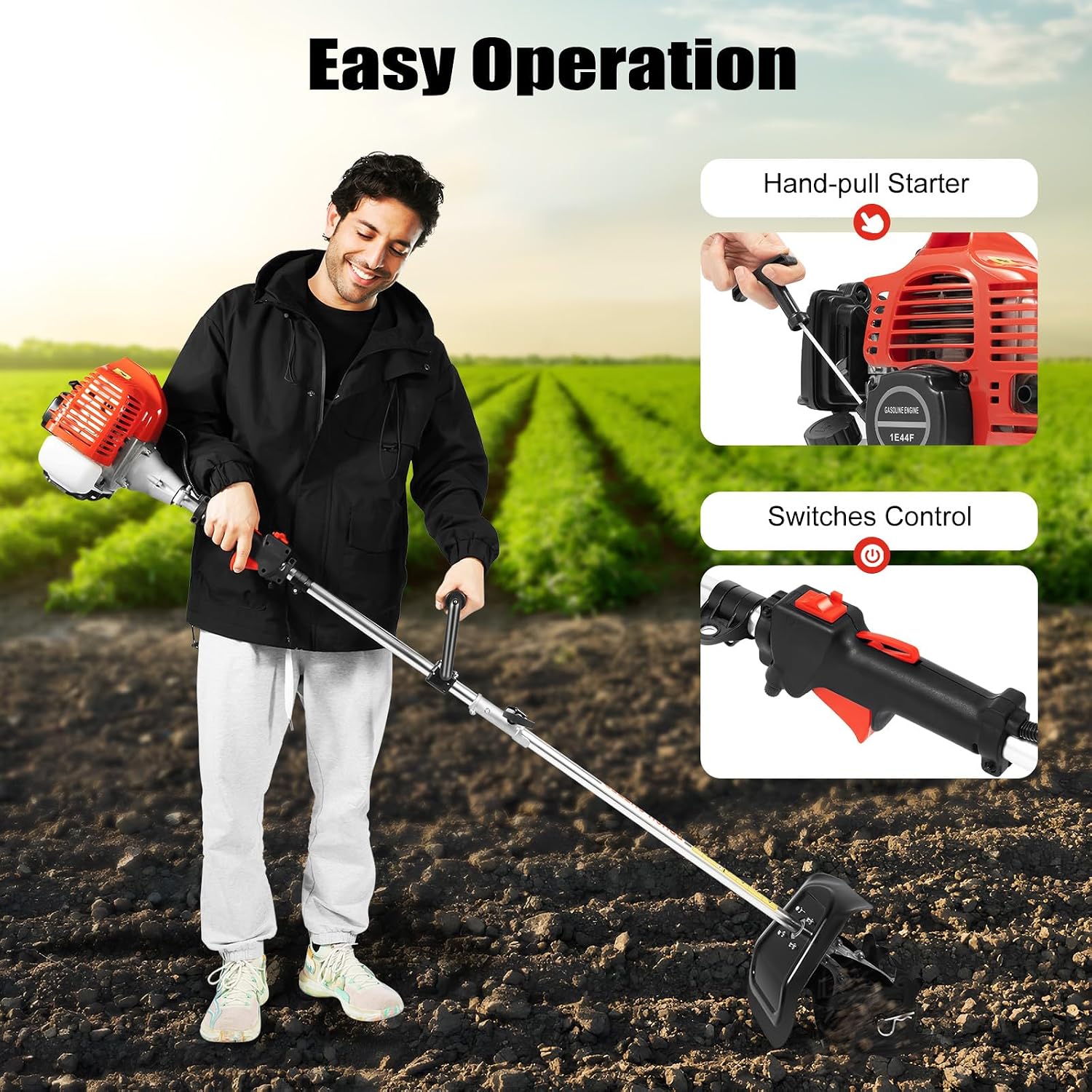 Tiller Cultivator,43CC 2-Stroke Garden Cultivator,Tiller for Gardening,with Cordless and Long Pole Design,Diaphragm Carburetor, for Garden, Lawn, Digging, Root/Weed Removal and Soil Cultivation