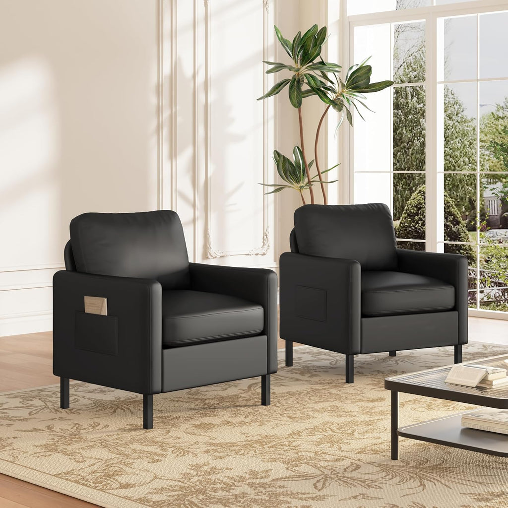 AODAILIHB Black Leather Accent Chair, Modern Accent Chairs with Arms, Small Chair with 2 Pocket/Thick Cushion Comfy Single Seat Sofa Couch for Living Room/Waiting Room/Office (1, Black)