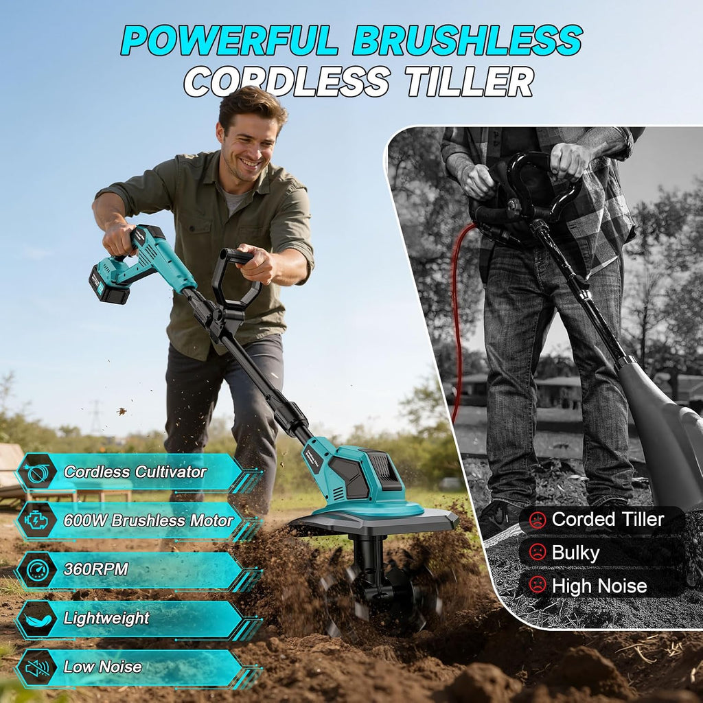 Cordless Tiller Cultivator, 360RPM Electric Garden Tiller, with 2 x 3.0Ah Batteries & Charger, 9In Tilling Width and 6.6In Depth Garden Rototiller for Lawn/Gardening/Soil Cultivation