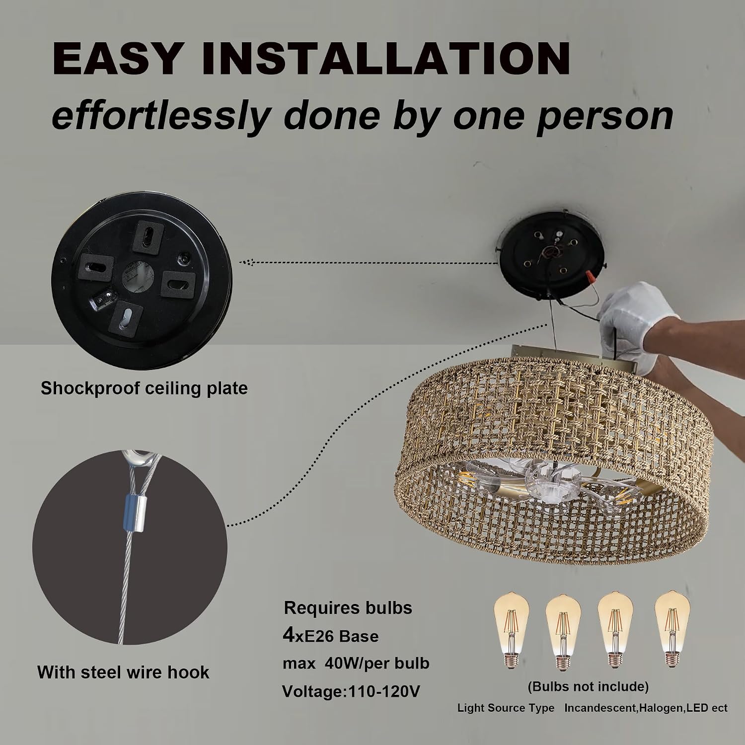 Fandelier Ceiling Fan with Light, 20 Inch Rattan Fans 。Remote Control ，Boho Caged，Handwoven，Flush Mount Low Profile 6 Speeds for Bedroom, Living Room,Dining Room.Yoga Room