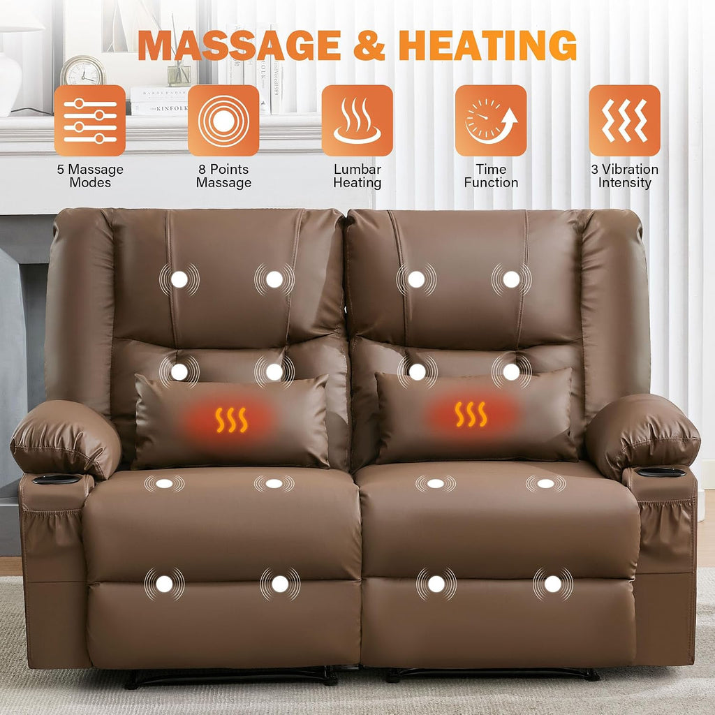 Brown Leather Loveseat Recliner with Massage/Heat, Oversized Recliner Couch & Reclining Loveseat with Cup Holders/Pillow, Manual Reclining Sofa For Living Room/Rv/Home Theater Seating (Brown)