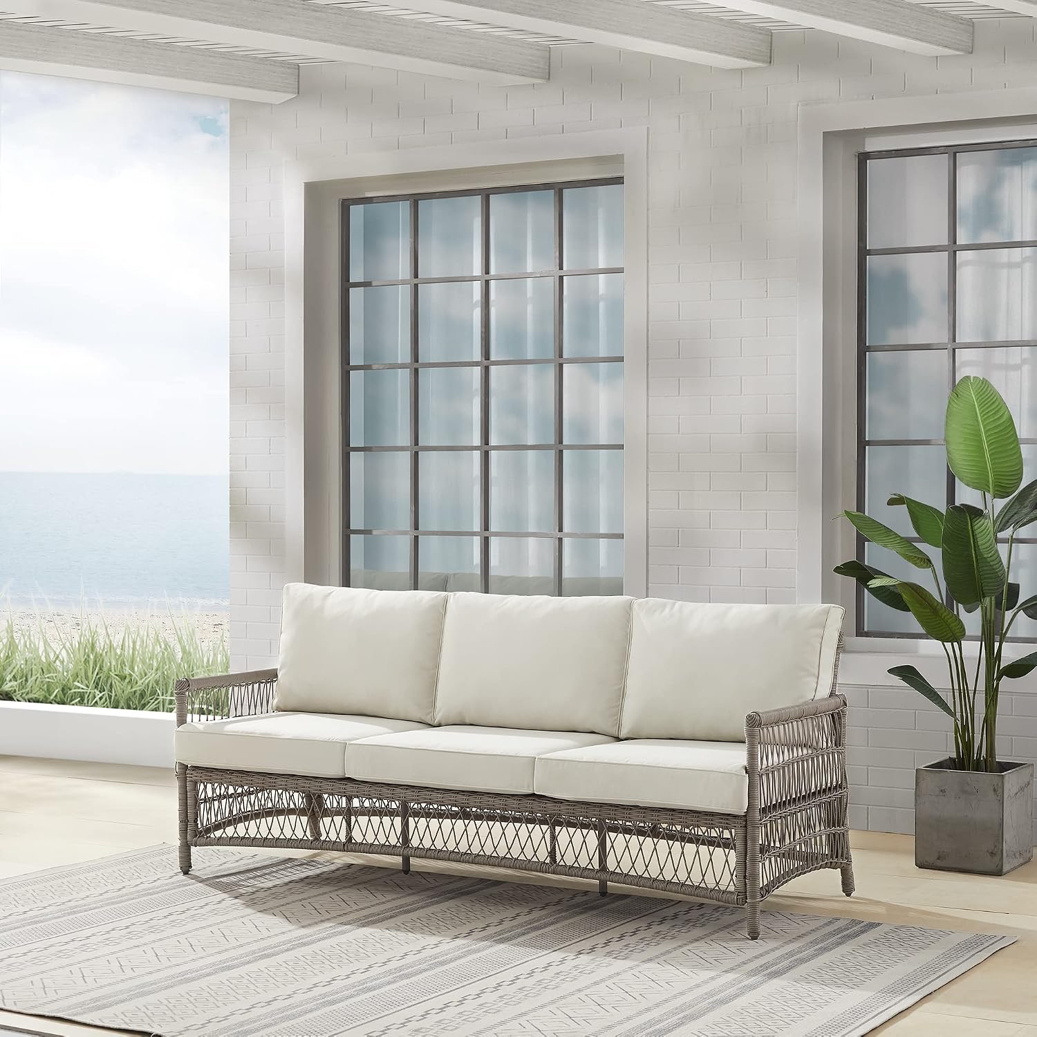 Crosley Furniture Thatcher Wicker Outdoor Sofa, 3-Person Patio Couch for Porch, Deck, Backyard, Driftwood with Creme Cushions