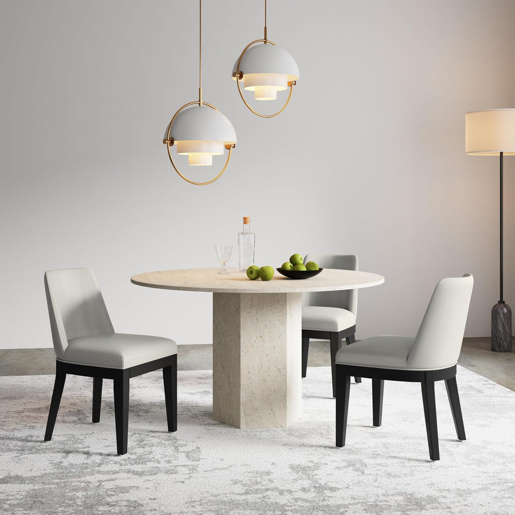 Manhattan Comfort Gansevoort Modern Faux Leather Dining Chair with Solid Beech Wood Frame, Upholstered Accent Furniture for Kitchen Table or Office, Set of 4, Stone Grey