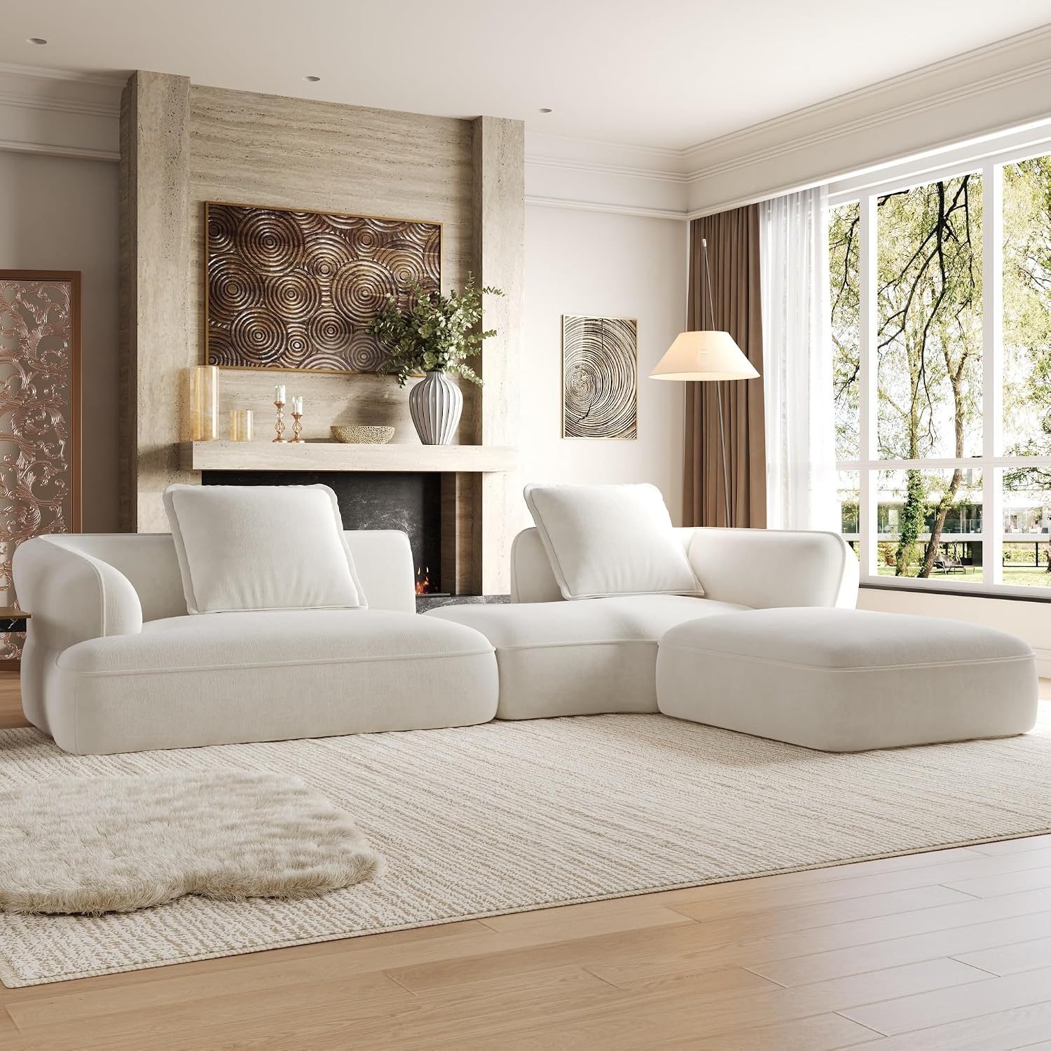 Christopher Knight Home Zacha 121' Modular L-Shape Sofa Couch with Chaise Lounge, Modern Boneless Sofa for Living Room, Fabric Upholstered Cloud Couch with Deep Seat, Milky White
