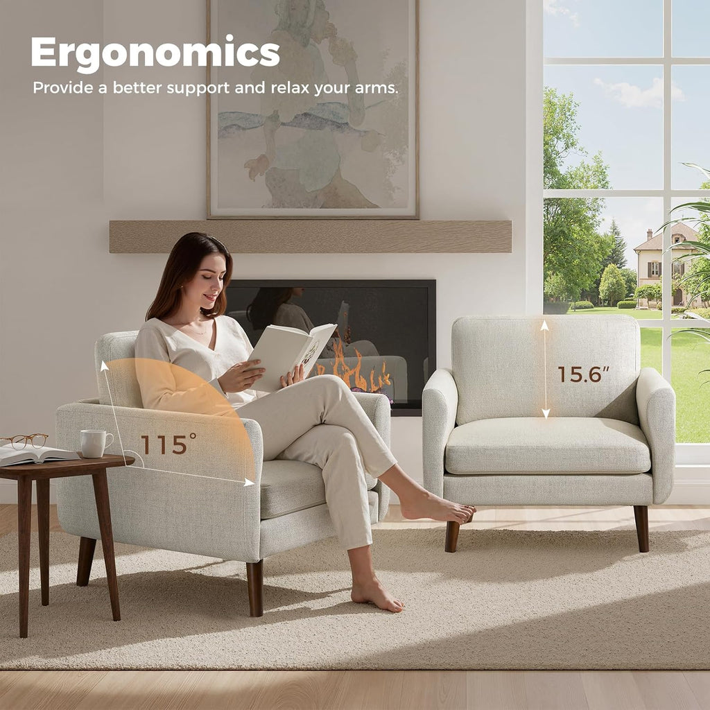 Oversized Accent Chair for Living Room, Mid-Century Modern Comfy Reading Chair, Linen Fabric Solid Wood Frame Armchair, Upholstered Oatmeal Living Room Accent Chairs for Adults