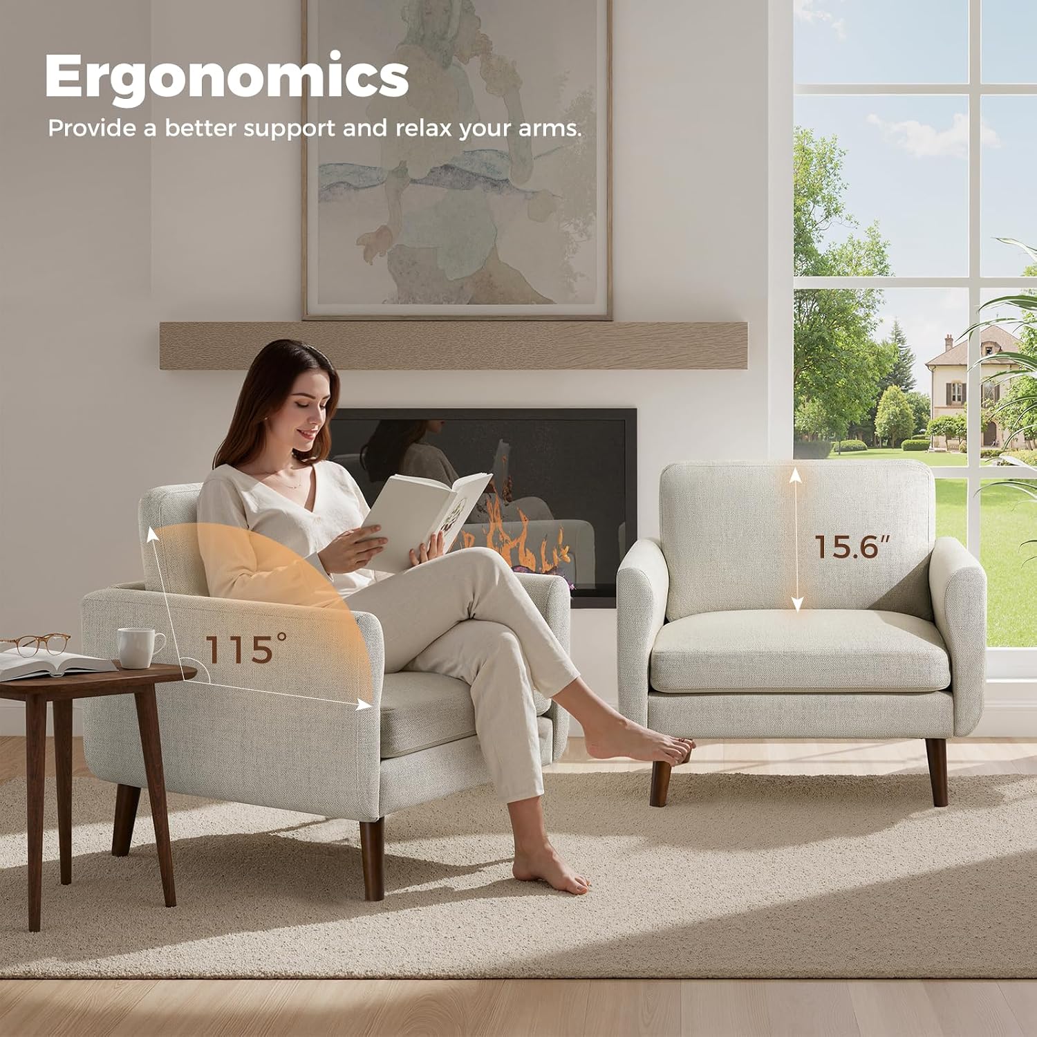 Oversized Accent Chair for Living Room, Mid-Century Modern Comfy Reading Chair, Linen Fabric Solid Wood Frame Armchair, Upholstered Oatmeal Living Room Accent Chairs for Adults
