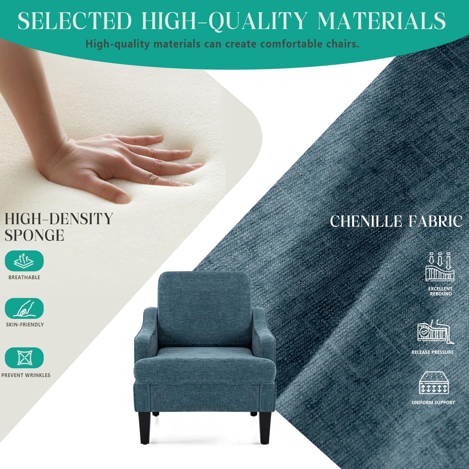Modern Accent Chairs Set of 2 Upholstered Reading Chair for Bedroom with Side Pockets Comfy Living Room Chairs Living Room Armchair for Office, Apartment (Blue Chenille)