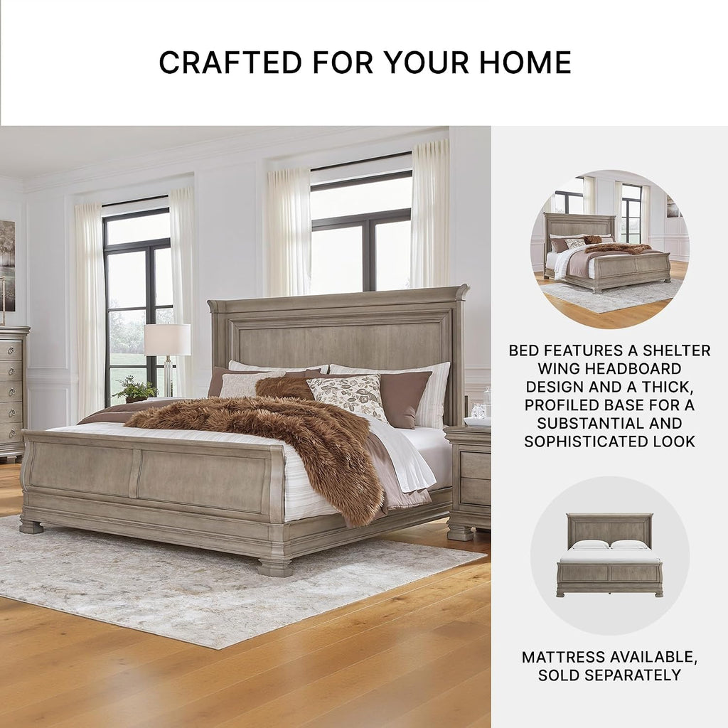 Signature Design by Ashley Lexorne Traditional King Sleigh Bed, Foundation or Box Spring Needed, Light Gray