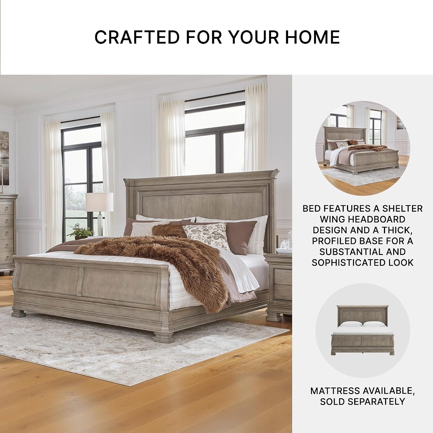 Signature Design by Ashley Lexorne Traditional King Sleigh Bed, Foundation or Box Spring Needed, Light Gray