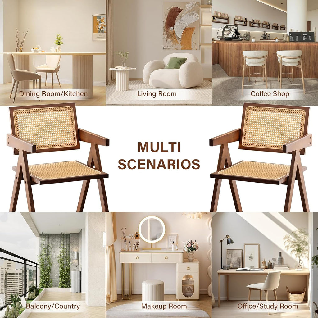 Furlide Rattan Accent Chairs, Modern Mid Century Dining Chairs Set of 2, Comfy Armchairs, Outdoor Rattan Chairs with Armrest for Bedroom Living Room Reading Room Dining Kitchen, Brown