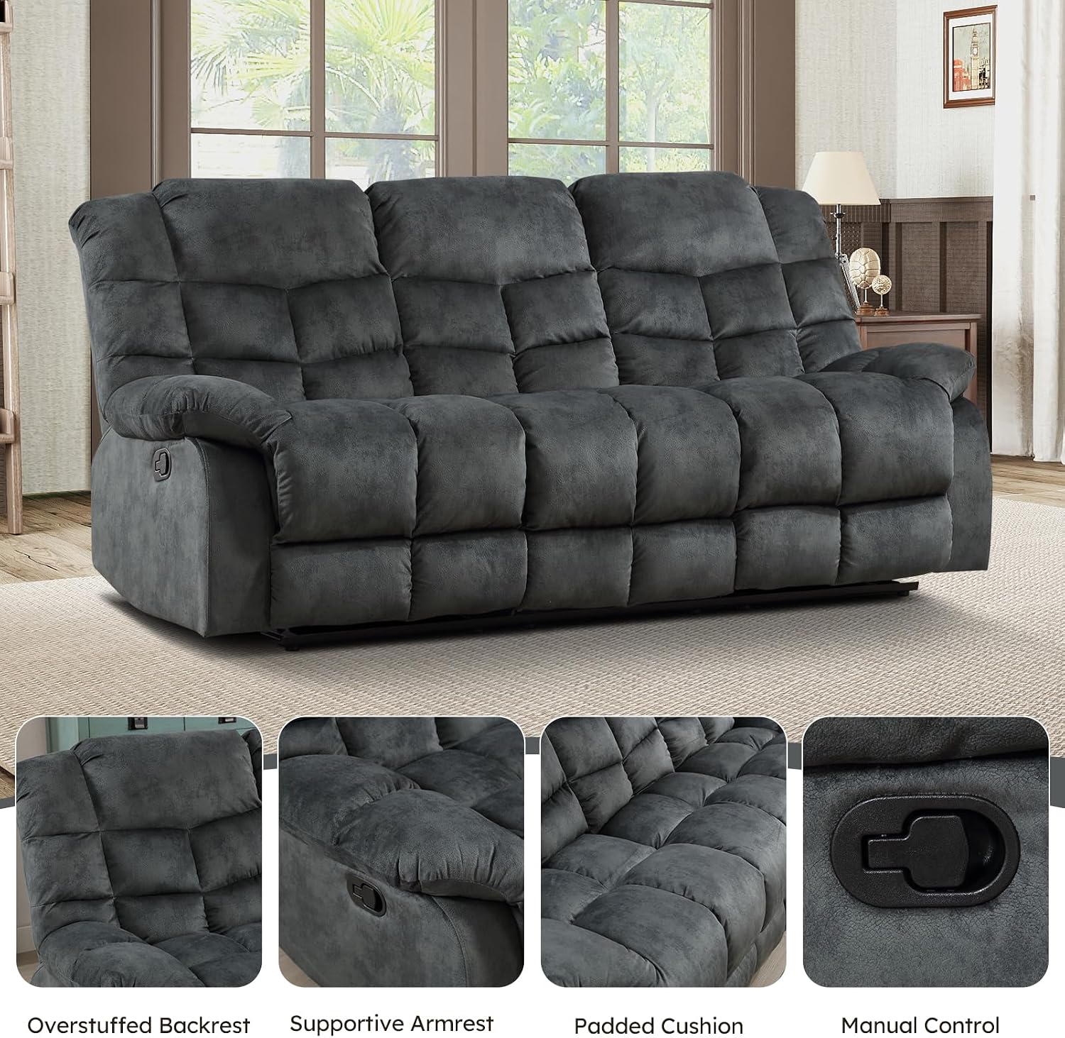 EBELLO Reclining Living Room Set, One Seat Manual Recliner, Loveseat Recliner Sofa and 3PC Bonded Manual Sofa Couch, Grey Green