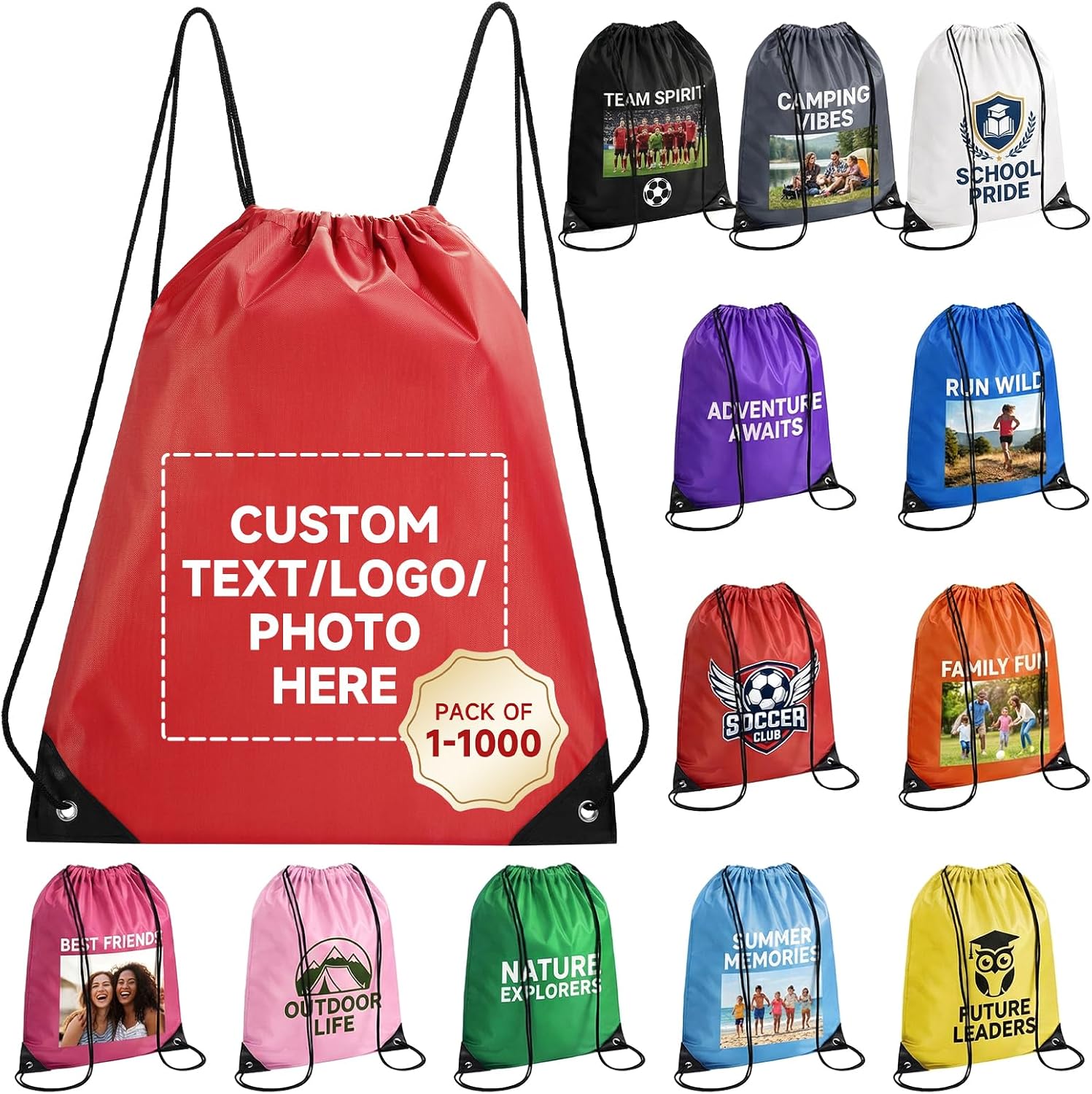 Custom Drawstring Backpack with Logo, 100 Pack Personalized Draw String Back Bag Drawstring Bags Bulk for Sports, Gym, Travel, Swimming, Beach
