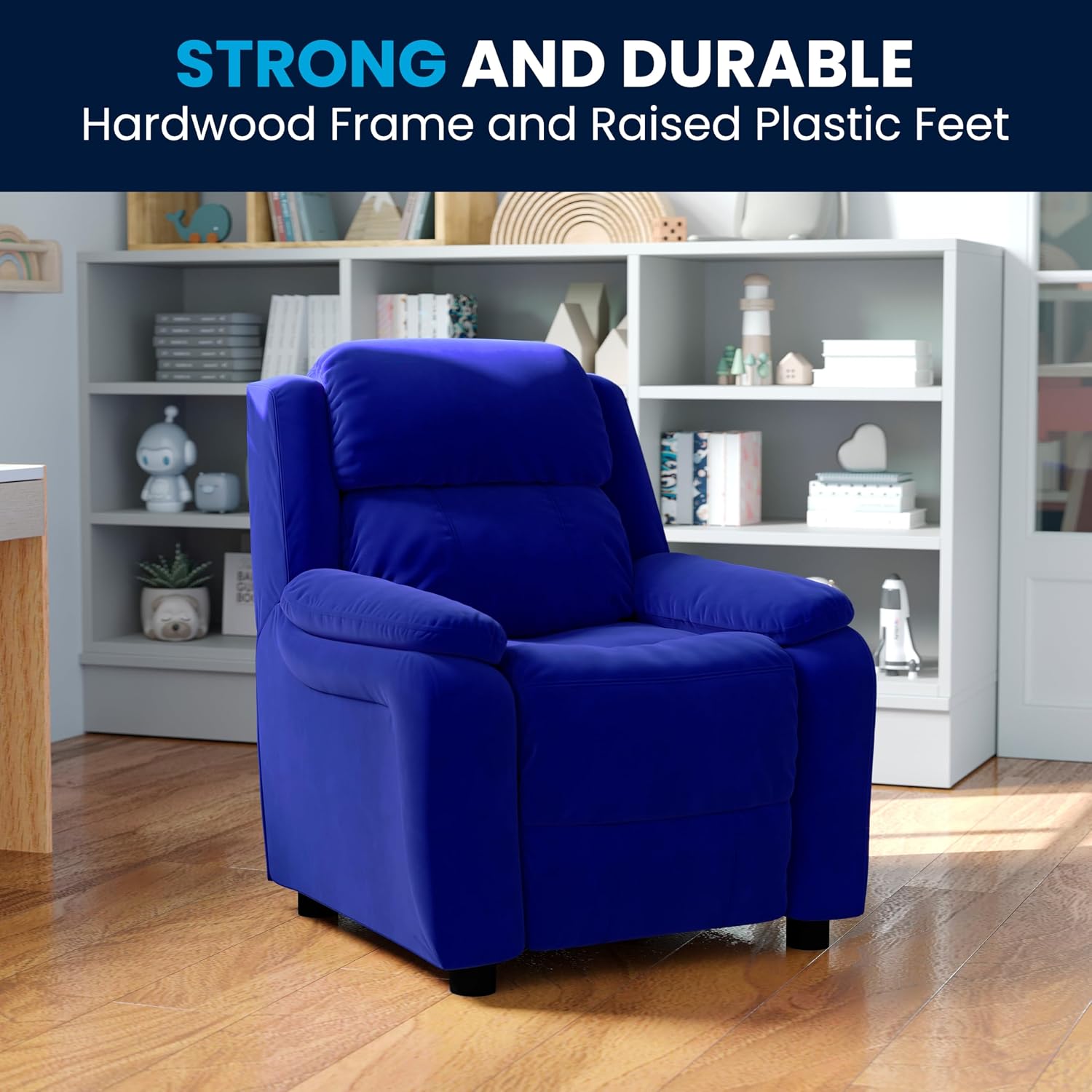 Flash Furniture Charlie Microfiber Kids Recliner with Flip-Up Storage Arms and Safety Recline, Contemporary Reclining Chair for Kids, Supports up to 90 lbs., Blue