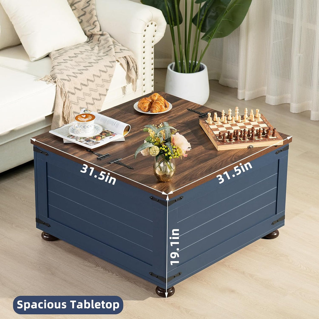 Joaxswe Farmhouse Coffee Table with Hidden Storage, 59 Gallon Square Center Table for Living Room, Rustic Wood Cocktail Tables with Flip-Top Lids, Farm House Tables with Wooden Gourd Feet, Navy Blue