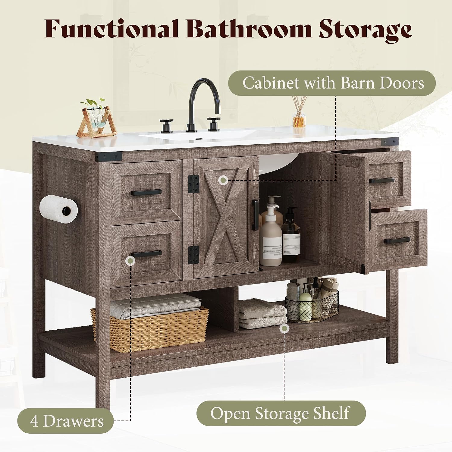 AMERLIFE 48' Farmhouse Bathroom Vanity with Sink, Freestanding Cabinet with 4 Drawers, Double Barn Doors & Open Shelf, Rustic Storage for Master or Family Bathroom, Light Gray