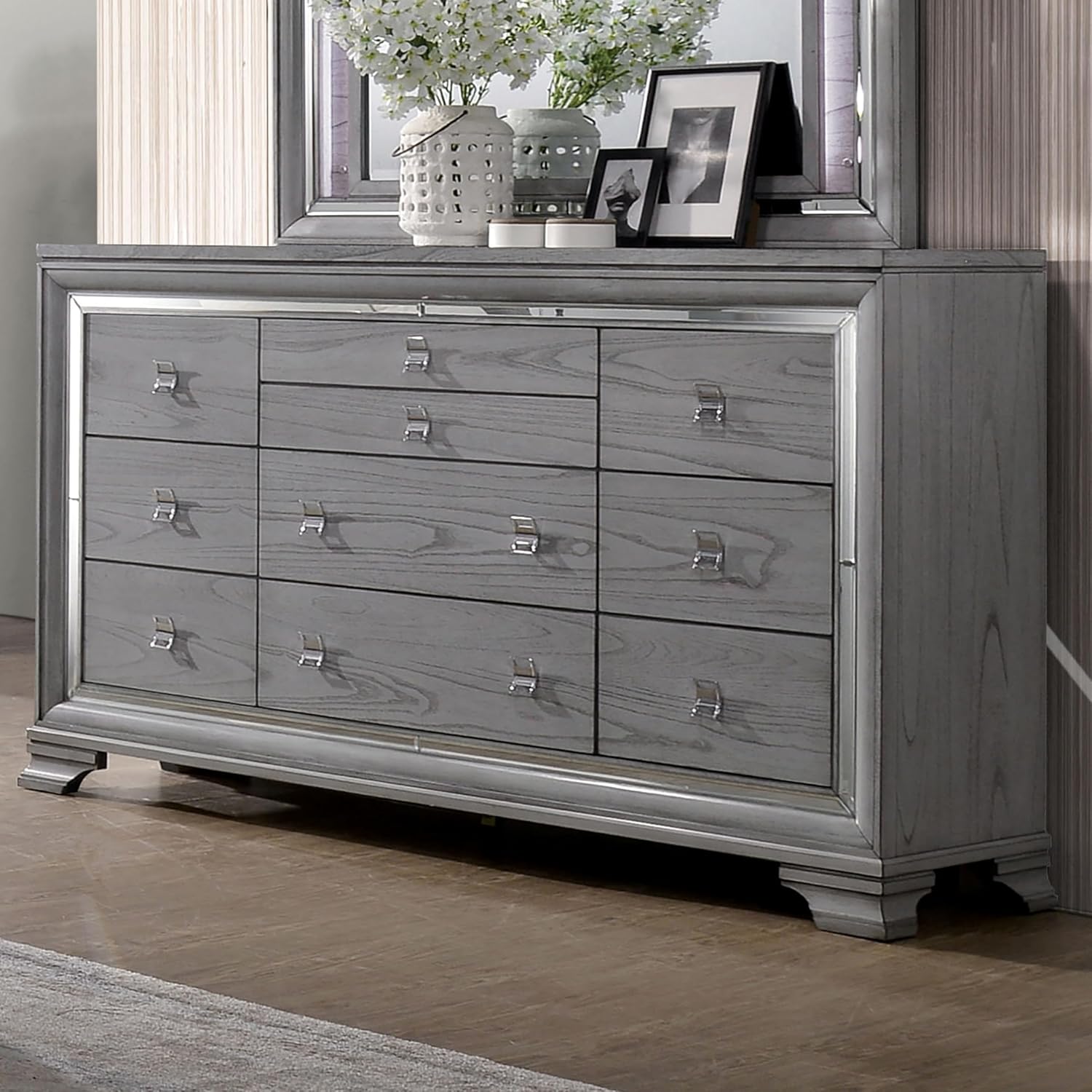 HOMES: Inside + Out Zenka Solid Wood 2-Piece Dresser and Nightstand Set with Metal Pulls, Mirror Trim, Felt-Lined Top Drawer, Easy Assembly for Bedroom, Guest Room, Light Gray
