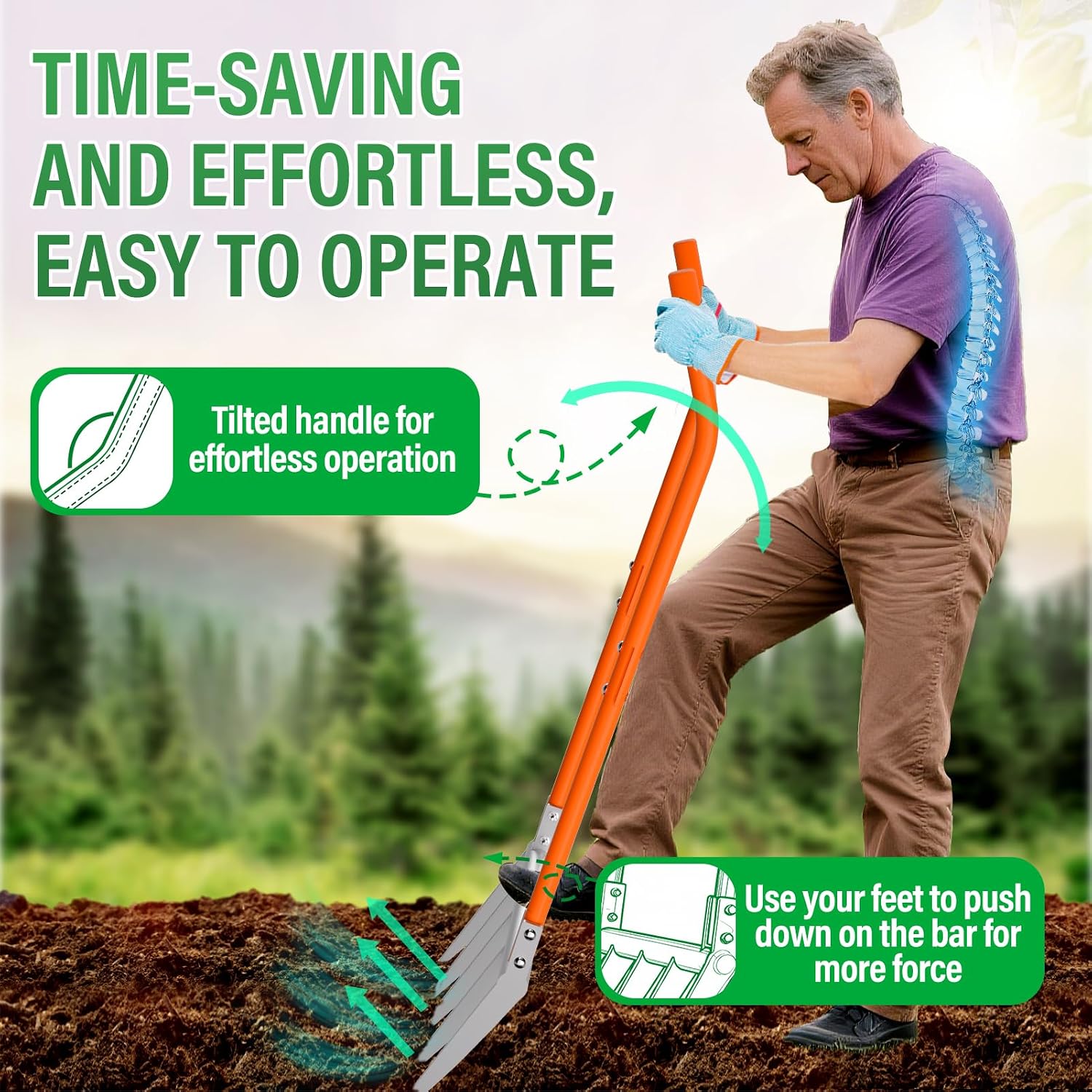 VASALAID Broadfork 5-Tine Broad Fork for Gardening Ergonomic U-Shaped Design Heavy Duty Broadfork Tool for Gardening Cultivating Farm Garden Digging Crushing Aerate Soil (Patent Pending)
