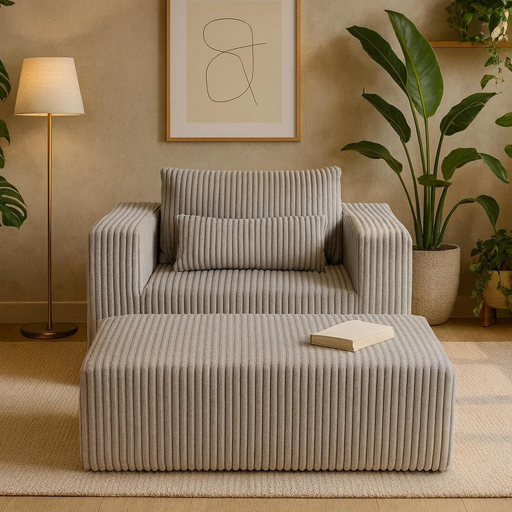 GDFStudio Full-Foam Boneless Sofa with Ottoman, Compressed Cloud Sofa Bed Single Chaise Lounger Small Couches for Small Spaces Bedroom Living Room, Modern Couch Recliner Corduroy Furniture, Smoke Grey