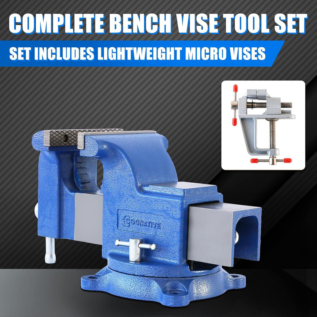 6' Heavy-Duty Bench Vise 13200LBS Stronger Clamping Force Ductile Iron Bench Vise 6 Inch 360° Swivel Bench Vice with Anvil Blue, Include Mini Bench Vice Clamp