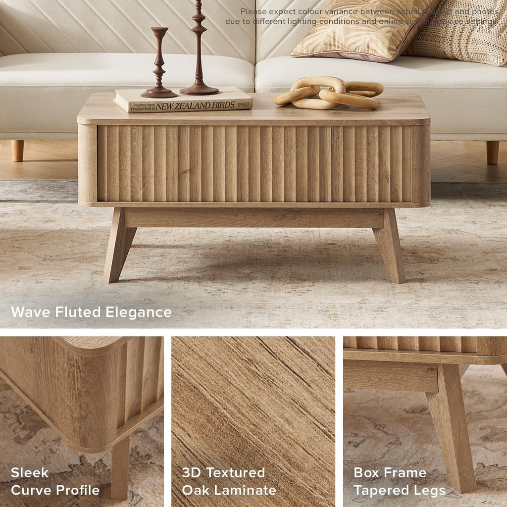 mopio Brooklyn Coffee Table, Lift Top Coffee Tables for Living Room, Mid Century, Modern Farmhouse Center Table with Lifting Top & Hidden Storage, Fluted Panel, Rising Pull Up (Oak Fluted)