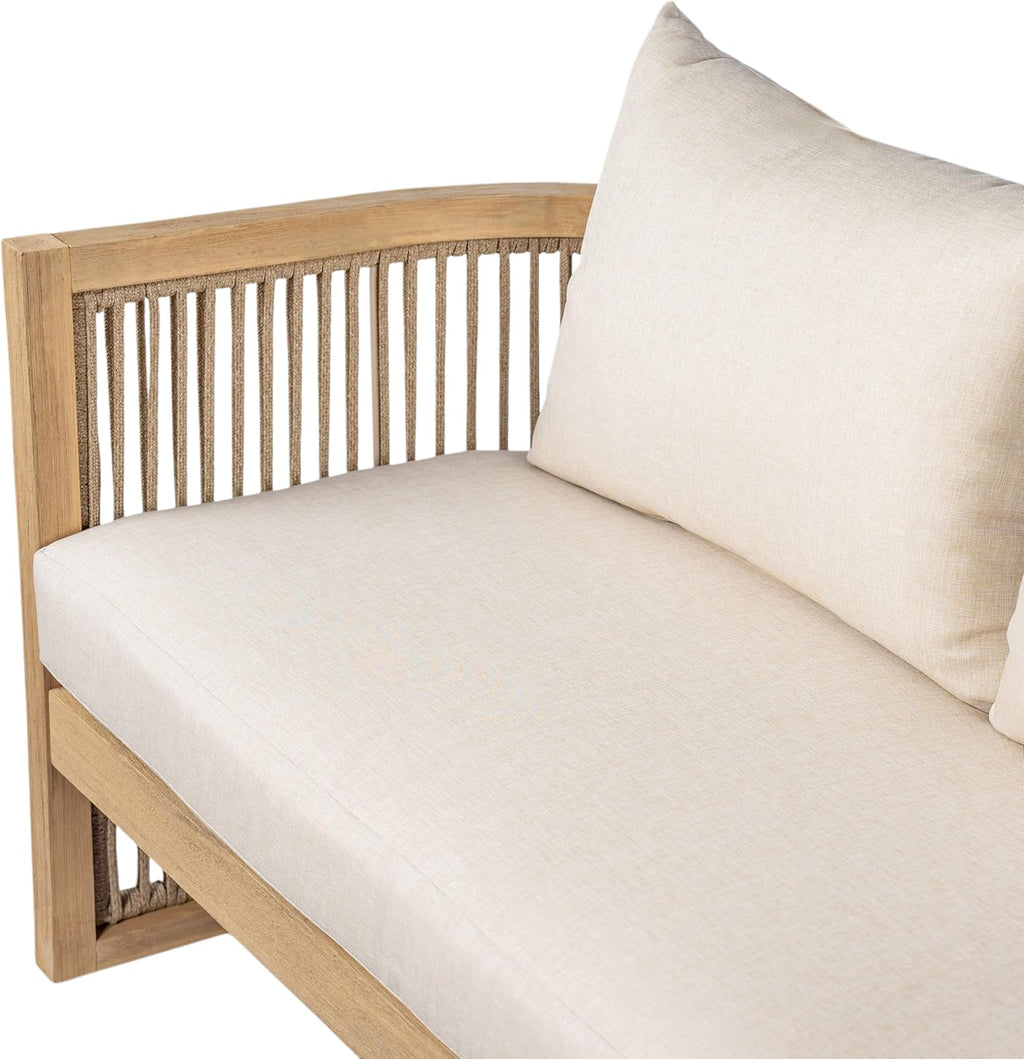 Christopher Knight Home Faine Acacia Wood Outdoor Loveseat Sofa, Patio Loveseat Furniture Set for 2 Seaters, Tub Design Patio Outdoor Sofa Couch with Woven Rope and Removable Cushion, Light Teak+Beige