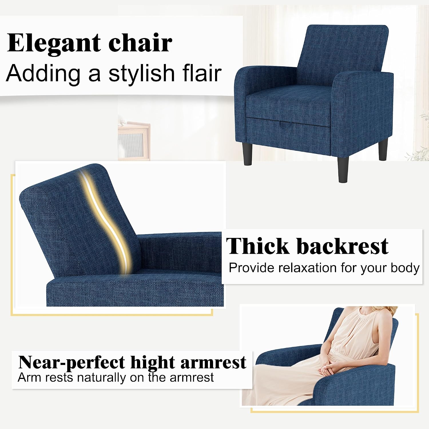 DAGONHIL Living Room Chair, Accent Chair Upholstered Reading Chair for Bedroom, Linen Fabric Armchair, Single Sofa for Living Room/Office/Library (Blue, 2 Pack)
