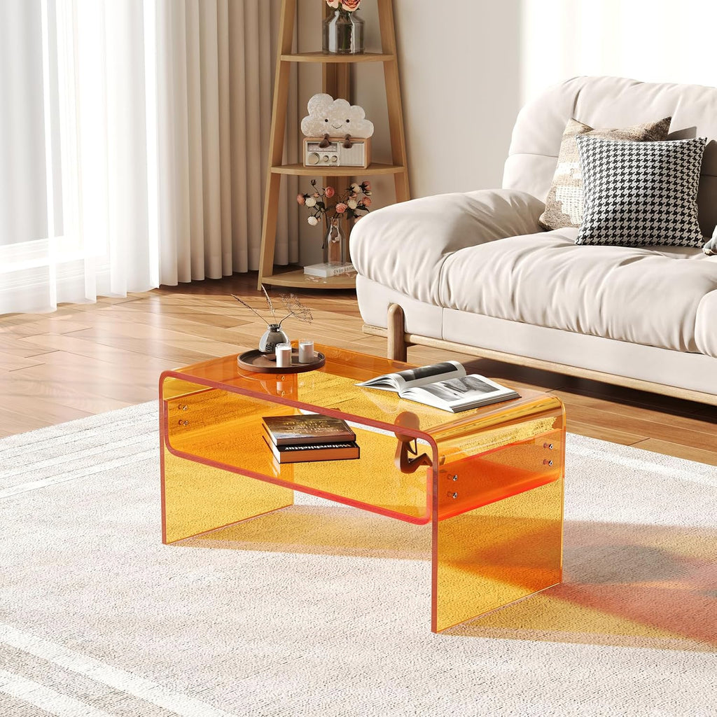 Acrylic Coffee Table, Orange Rectangle Side Table Furniture, Modern Tea Table with Open Storage for Living Room, Office Reception and Bedroom