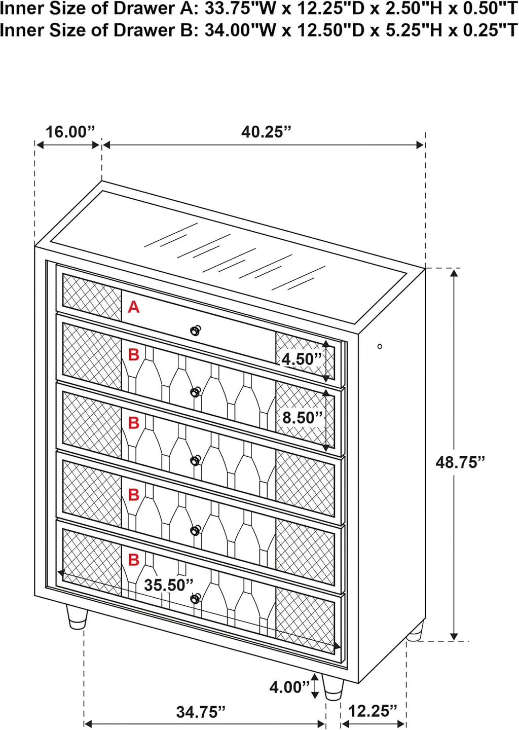 Coaster Home Furnishings - Lorient - Wood and Velvet - 5-Drawer Chest with Built-in LED Lighting, Crystal Knobs and English Dovetail Joinery - Bedroom - Black - 223165
